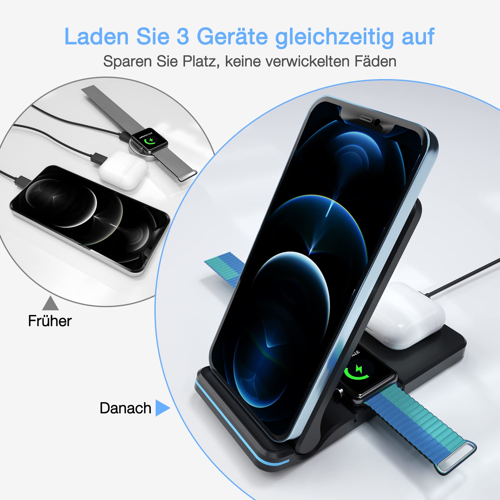 Chargeur sans Fil Pliable, Chargeur à Induction Pliable 3 en 1, Chargeur sans Fil Rapide pour IPhone 16/15/14/13/12/11 Series, IWatch 7/6/5/4/3/2/SE, pour AirPods 2/3/Pro (Blanc