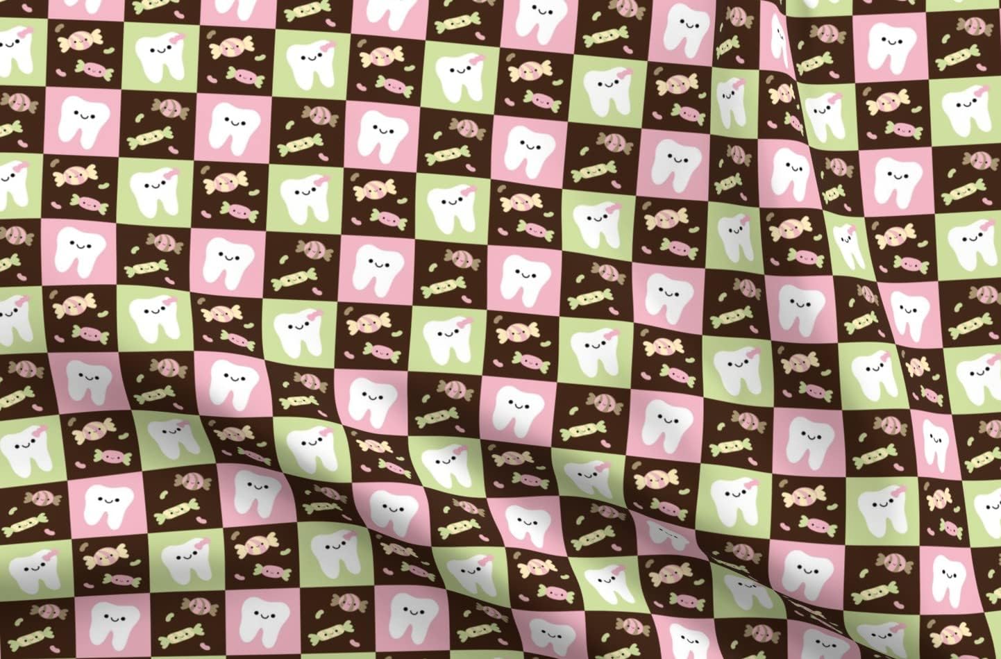 Spoonflower Fabric - Happy Teeth Checkerboard Brown Pink Light Green Tooth Fairy Dental Printed on Minky Fabric by The Yard - Sewing Baby Blankets Quilt Backing Plush