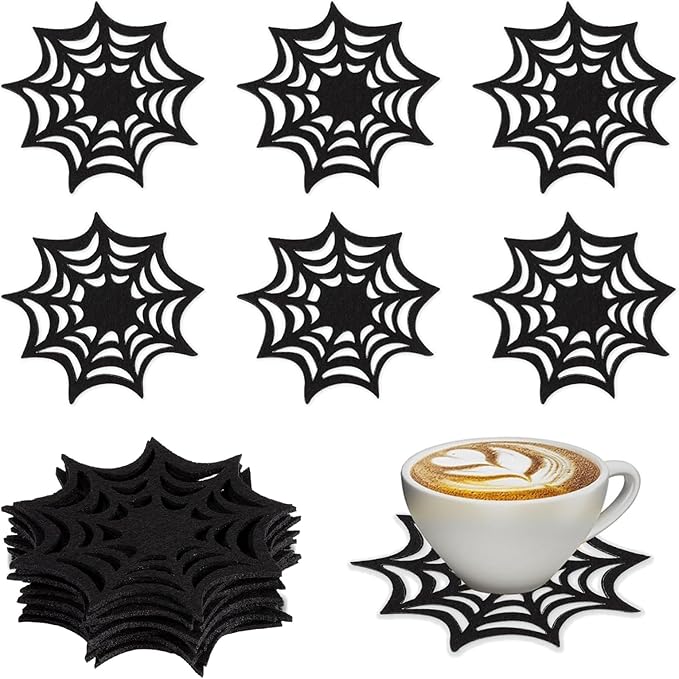 Black Spider Web Coaster, Halloween Coasters, Spooky Non-Woven Cup Mat Pad for Home Kitchen Office Bar Party Table Decoration Supplies(6Pcs)