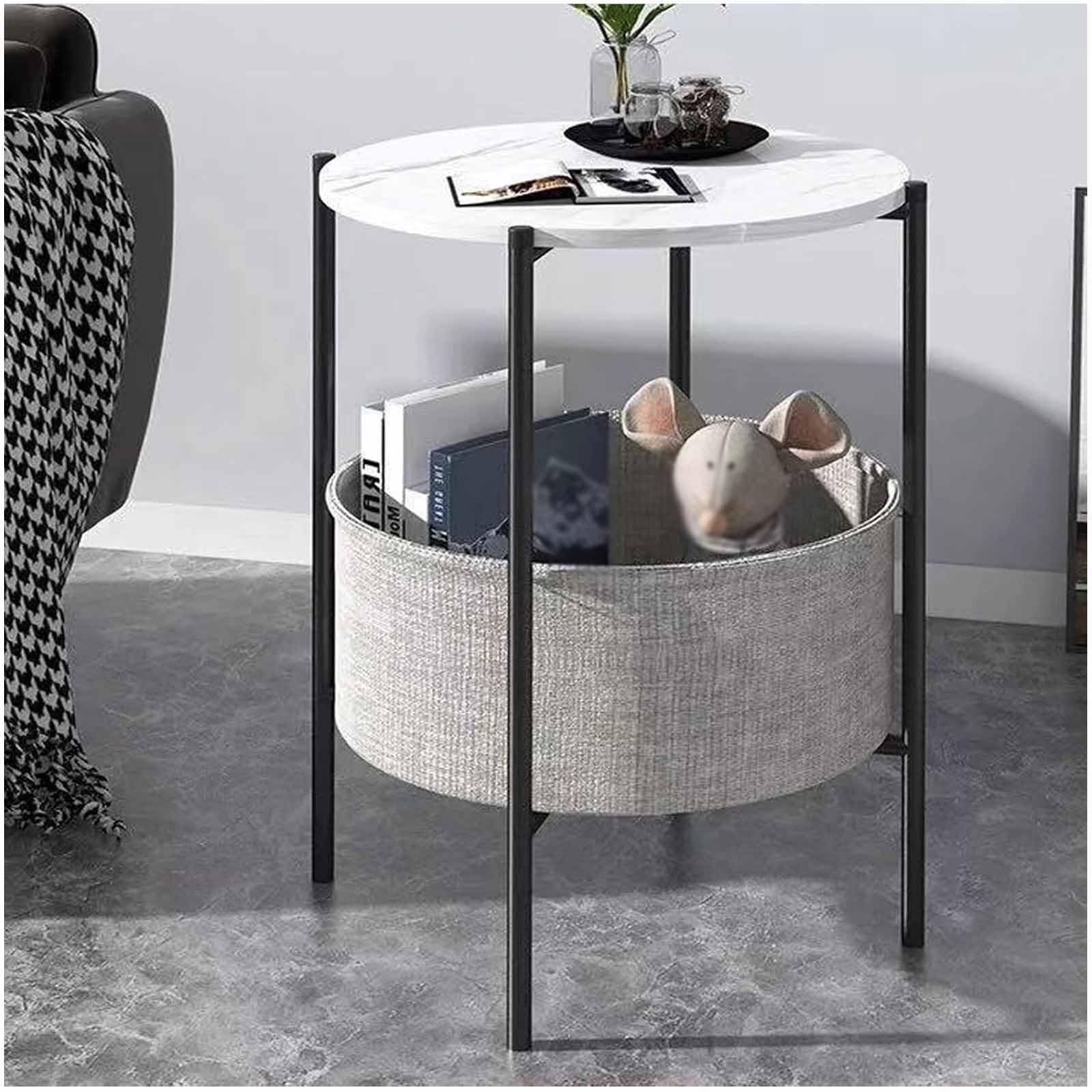 SXZenSpace Round Side, End Table with Fabric Storage Basket, Metal Small Bedside Nightstand Removable Tray Top, 2-Tier Couch Snack for Nursery, Living Room,White 1