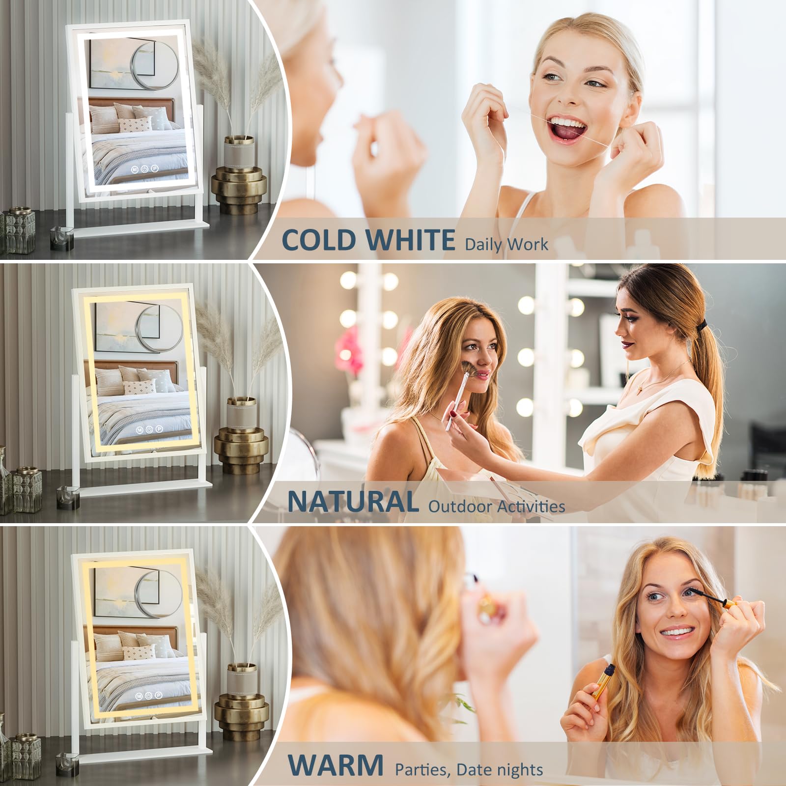 Makeup Mirror with Lighting, Hollywood-Spiegel, 3 Farbtemperaturen, einstellbare Beleuchtung, 360° drehbar, Smart-Touch-Bedienung, Abnehmbarer 10-Fach Vergrößerungsspiegel, 30 x 40 cm