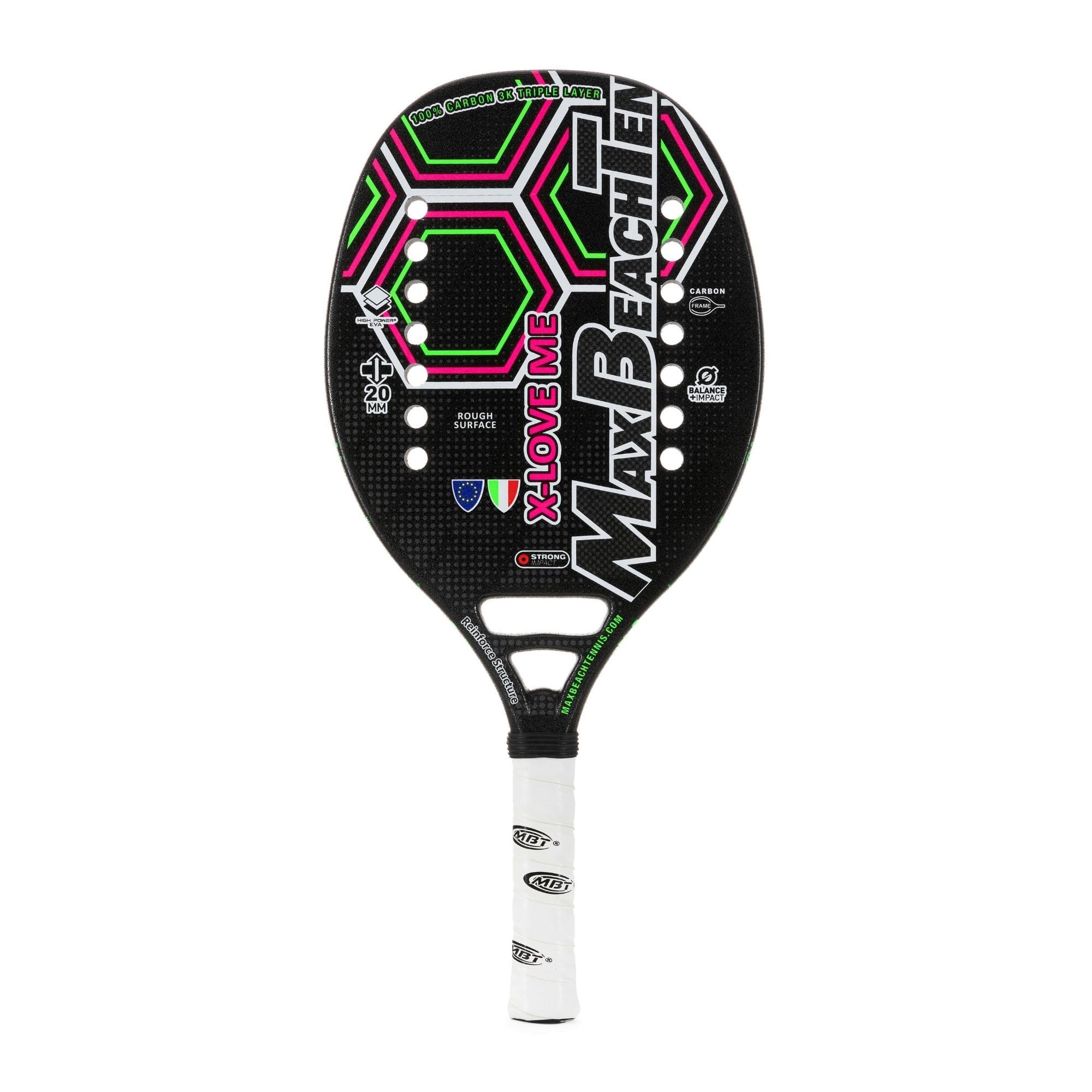 MBT X-LOVE ME, Racchetta Beach Tennis 100% Carbonio 3K triple layer - Trattamento Super grip- Eva High Power – Leggera e Bilanciata – Profilo 20 mm - Custodia inclusa - Campione d'Italia e d'Europa