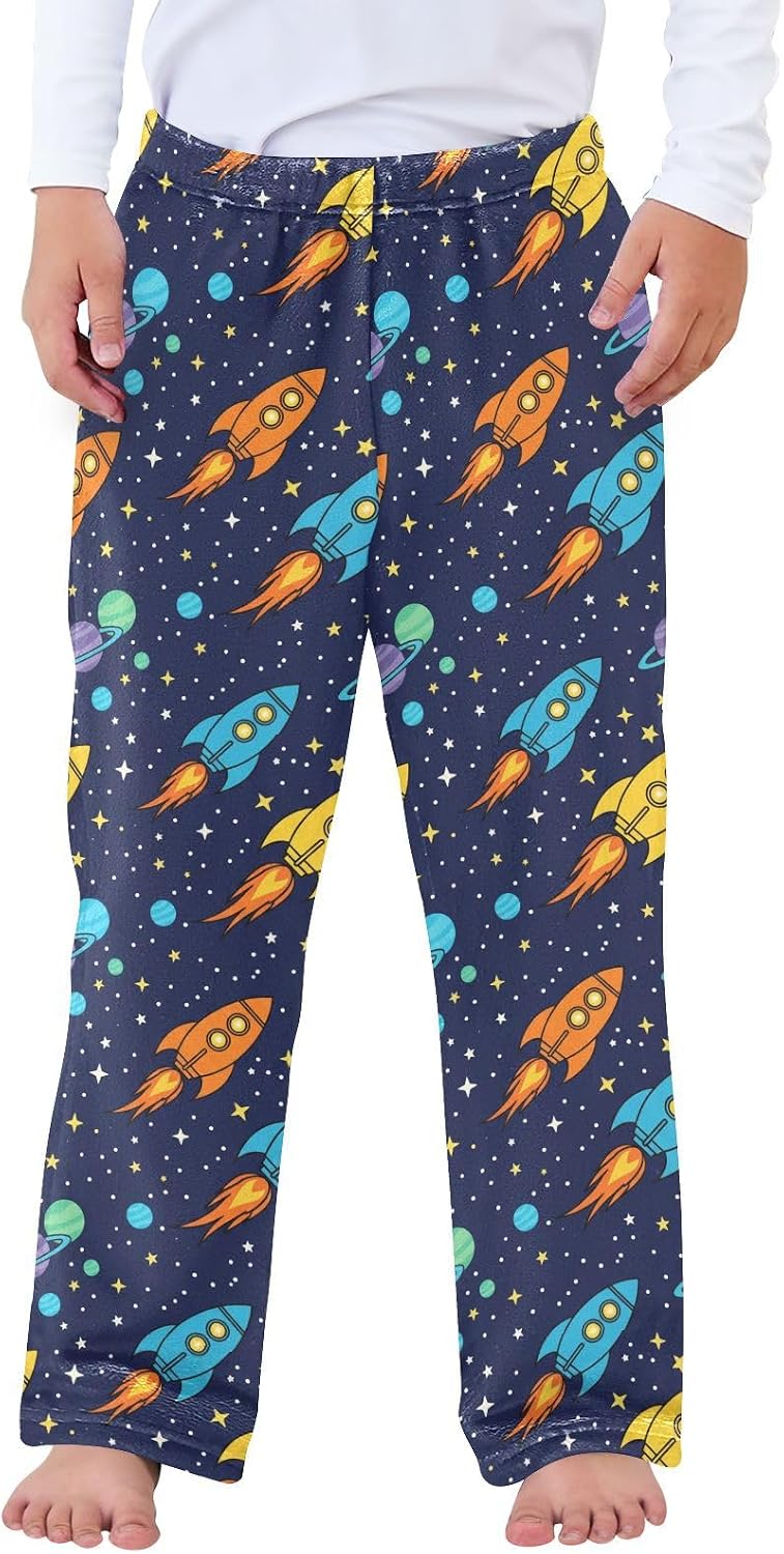 Space Planets Black Pattern Plush Pajama Pants Sleepwear Bottoms Lounge Fleece Pants with Elastic Waist, S-XL