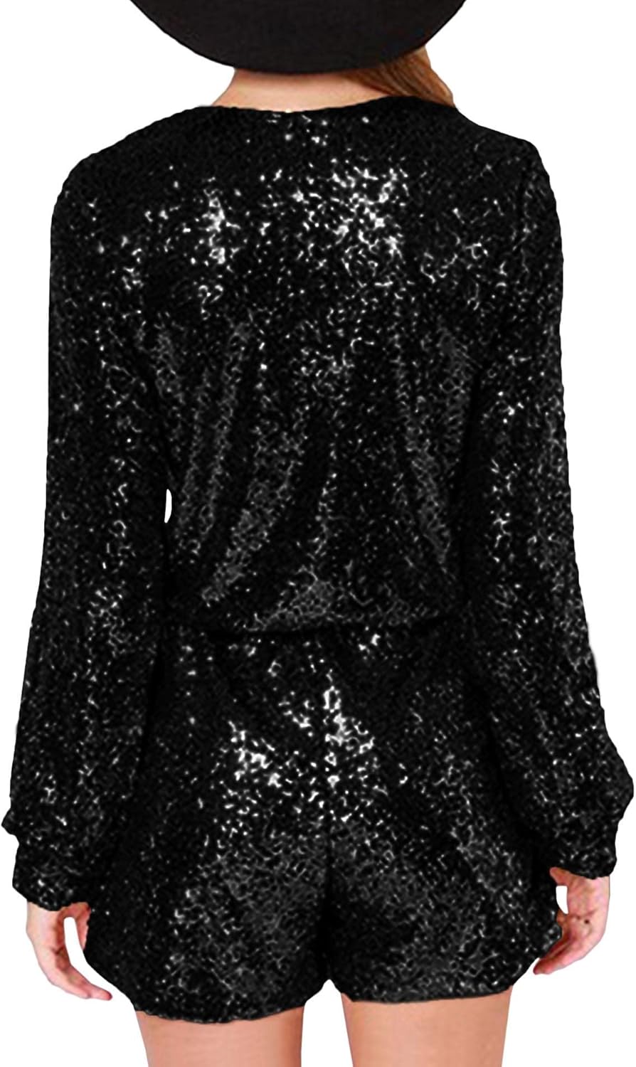 SEMATOMALA Women's Sequin Party Clubwear Romper Shiny Wrap V Neck Shorts Jumpsuit Deep V Neck Long Sleeve Disco Dance Outfits - Image 3
