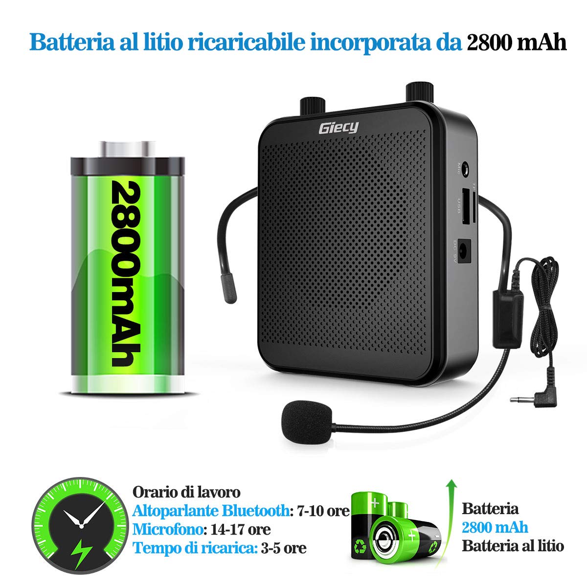 Amplificatore vocale portatile con microfono cuffia 30W Batteria ricaricabile 2800mah Sistema PA amplificatore vocale mini per insegnanti, guida turistica, allenatori, presentatori