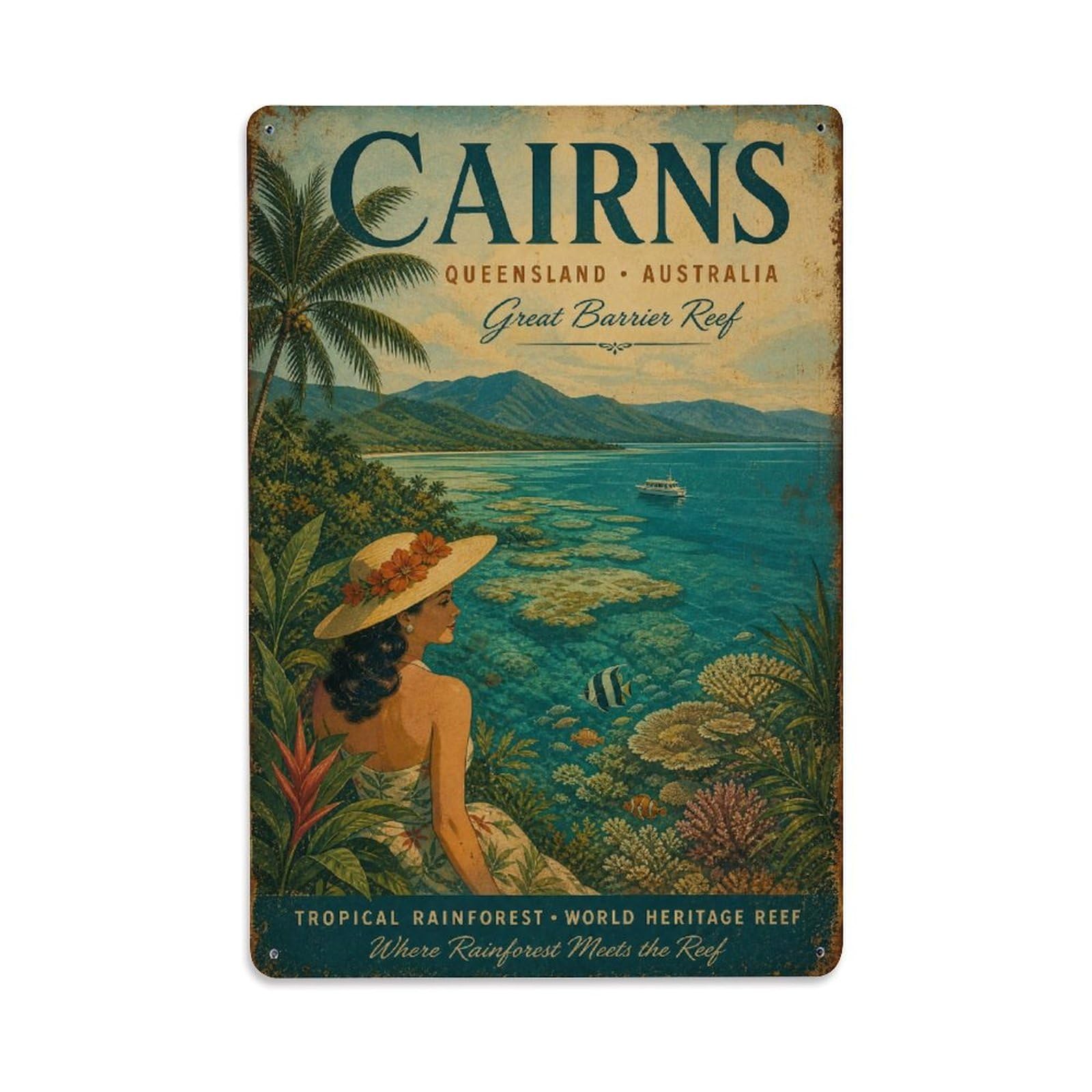 Vintage Australia Cairns Lagoon Travel Beach Metal Tin Sign