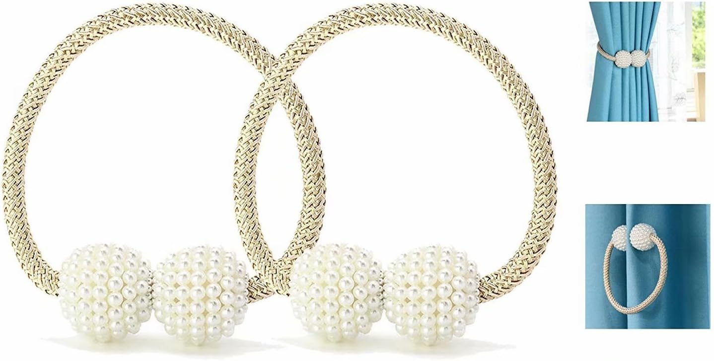 WINSHEA 2 Pcs Magnetic Curtain Tiebacks Curtain Clips Rope Holdbacks Curtain Holder Buckles (Beige)