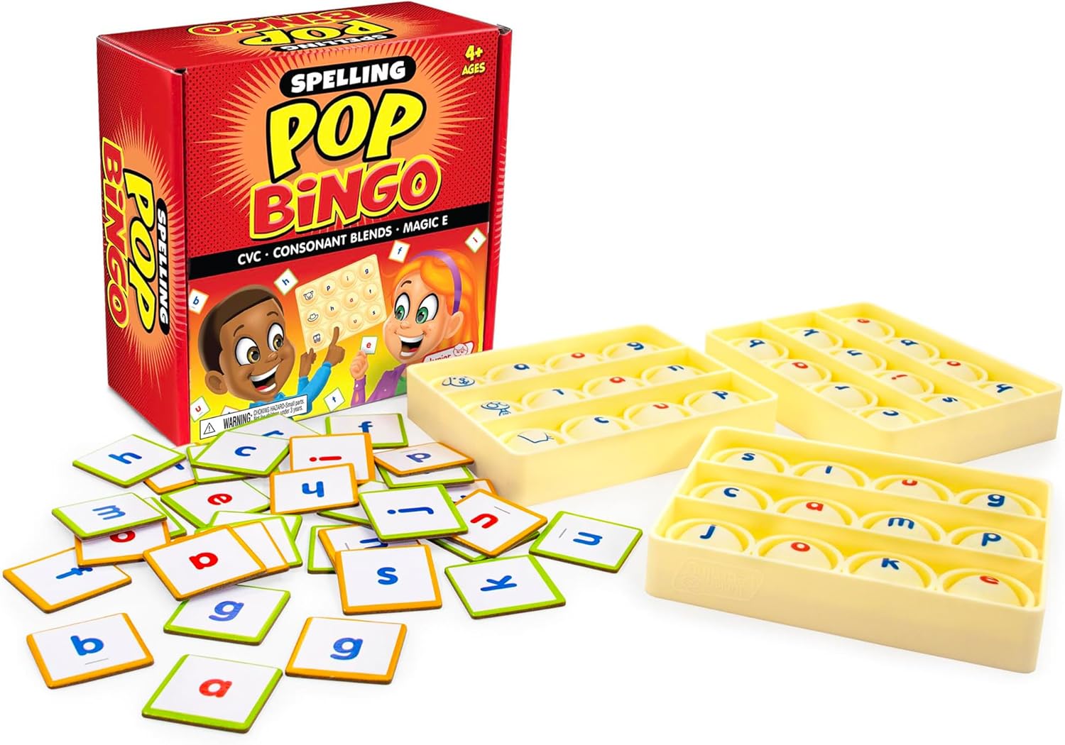 Junior Learning: Spelling Pop Bingo - Early Literacy Bubble Grid & Tile Game, CVC-Consonant Blends-Magic E, Giant Silicone Boards, Preschool-Kids 4+