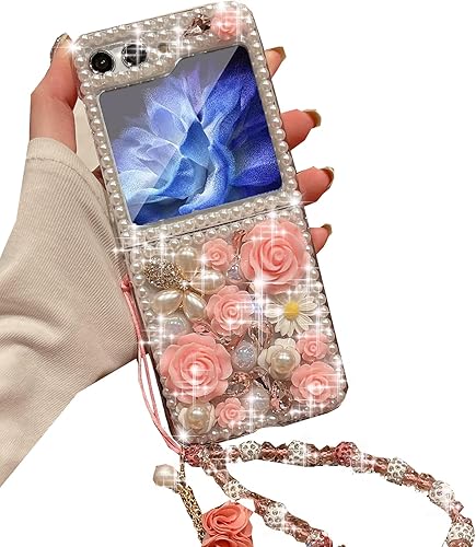Miniatura 8 de Funda para Samsung Galaxy Z Flip 5 con brillantina, bonita funda de lujo con diamantes de imitación 3D con diamantes de imitación y flores