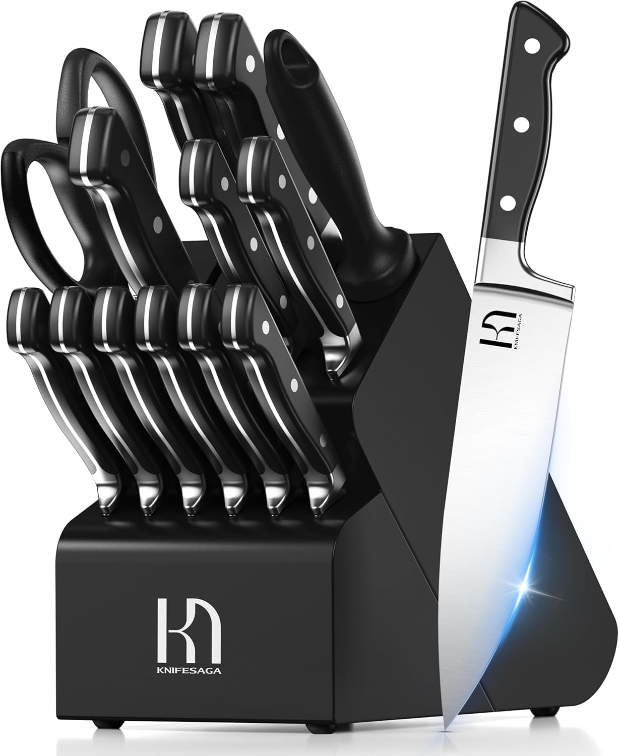 Knife Set, 15 Pcs Kitchen Knife Block Set, Enduring Razor-Sharp High Carbon Stainless Steel Chef Knife Set with Block and Sharpener, Premium Black Knives Set for Kitchen Valentine's Gift