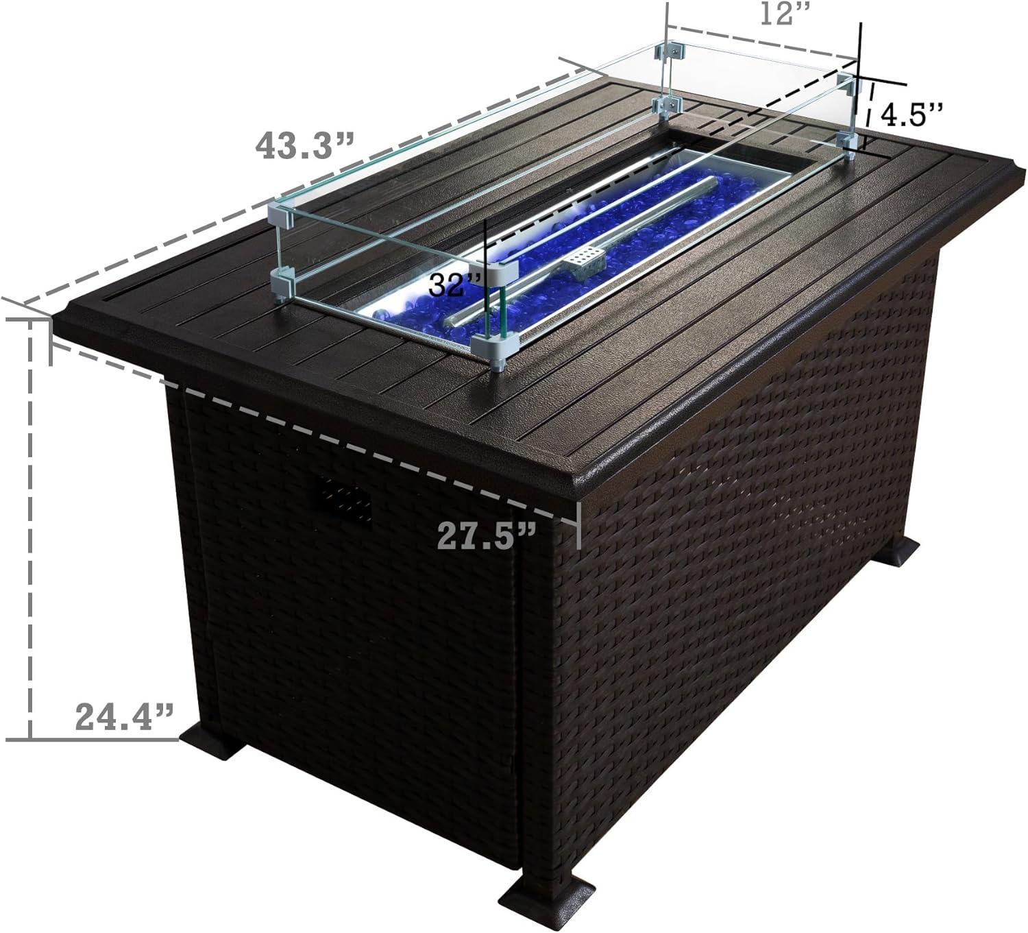 Kozyard Outdoor Patio Propane Gas Fire Pit Table - 50,000 BTU Wicker Design with Aluminum Tabletop, Glass Wind Guard, Clear Glass Rocks Slide Out Tank Holder - Ideal Patio Fire Table (Brown)