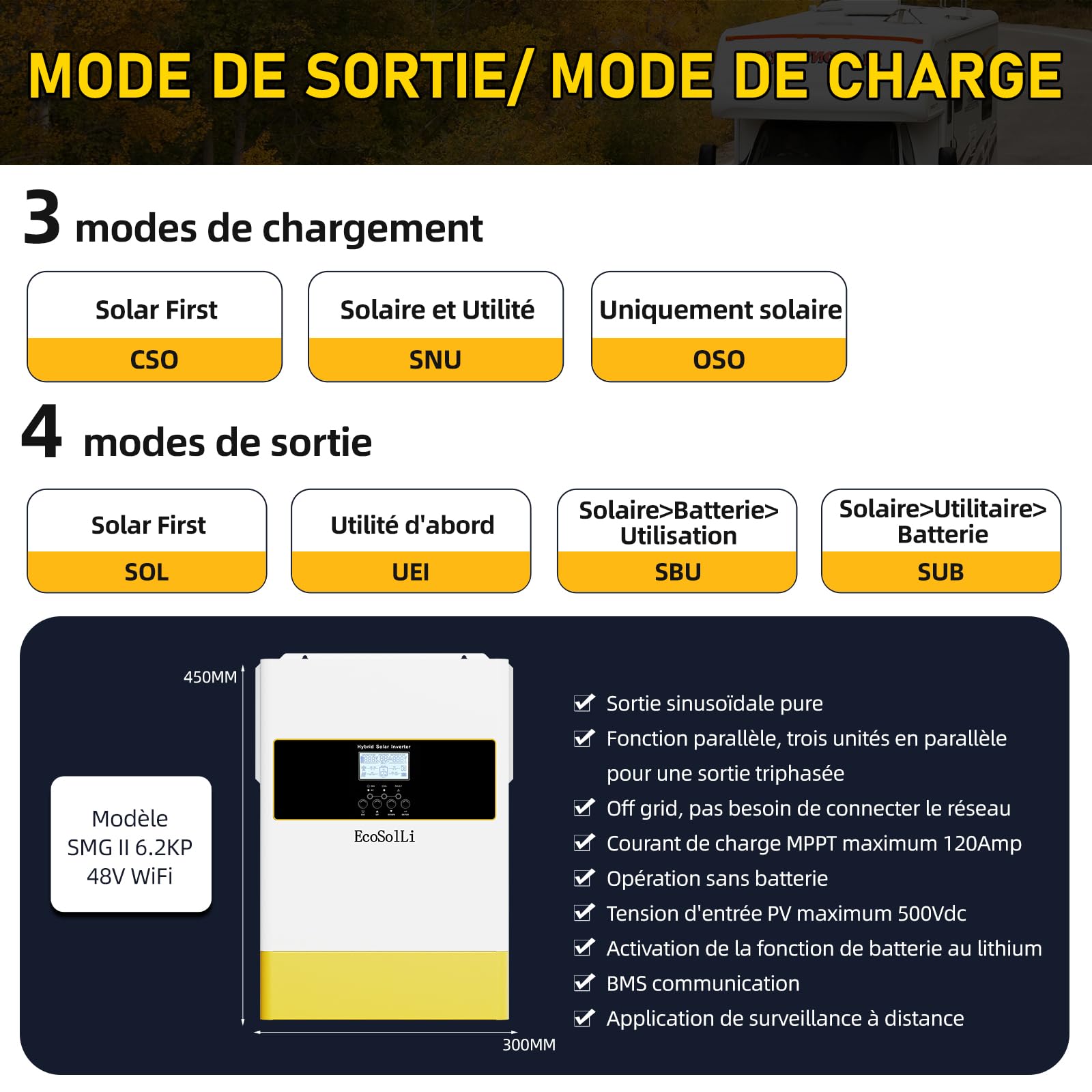 Onduleur Hybride 6200W 48V - Pur Sinus MPPT Hybride 120A 230V, Fonctionne sans Batterie, Fonction parallèle, Chargeur Solaire Off-Grid avec Régulateur de Charge 60-500V DC, Compatible Module WiFi
