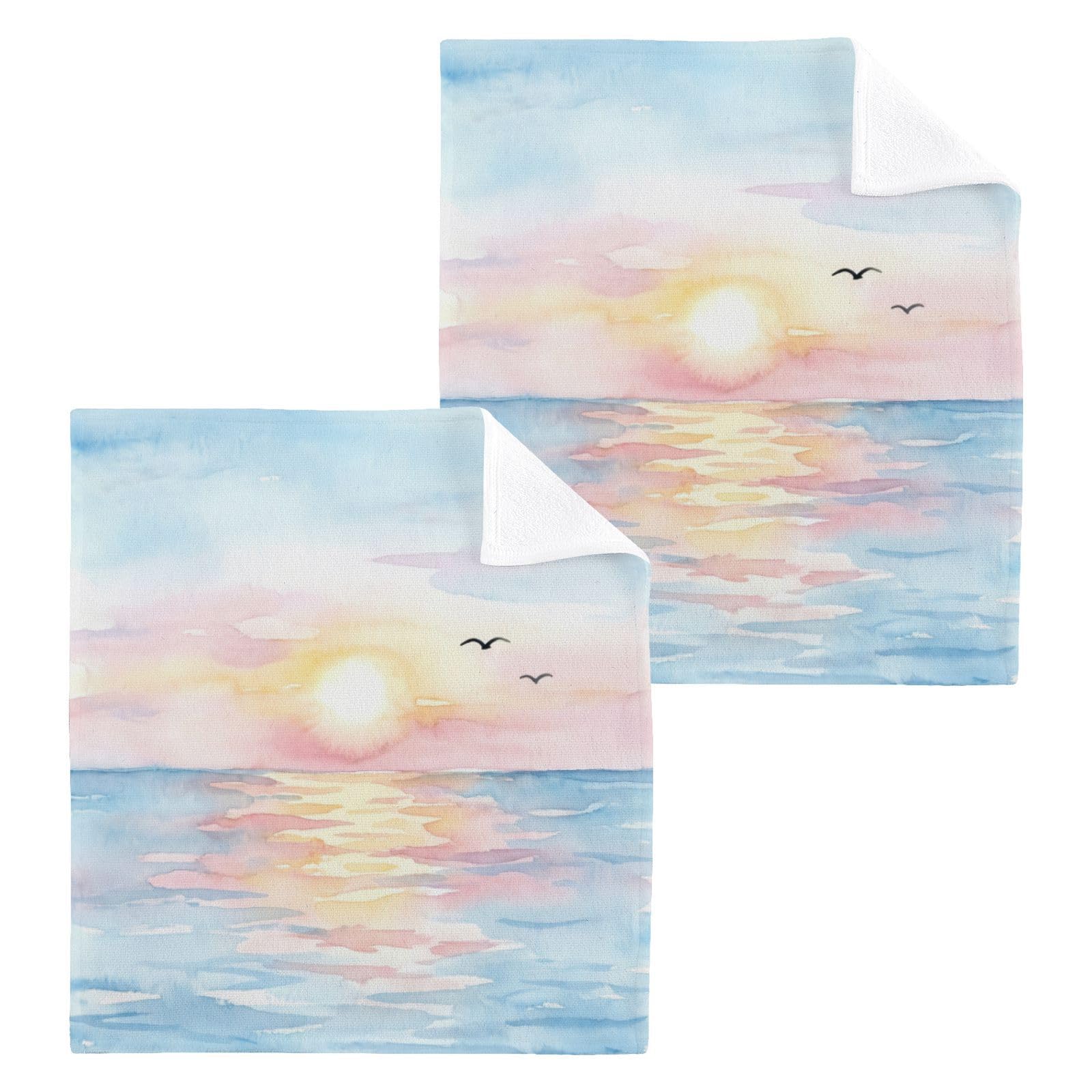 BOESI Watercolor Ocean Sunset 12x12in Cotton Washcloth,Face Towel