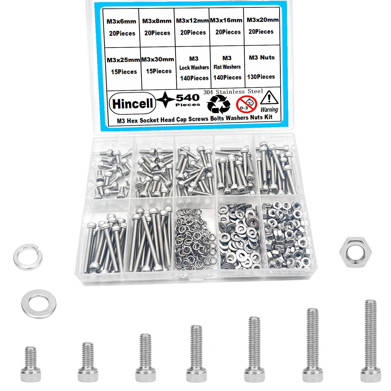 540pcs M3 Stainless Steel Screws, Nuts & Washers Kit -17 540pcs M3 Stainless Steel Screws, Nuts & Washers Kit -17