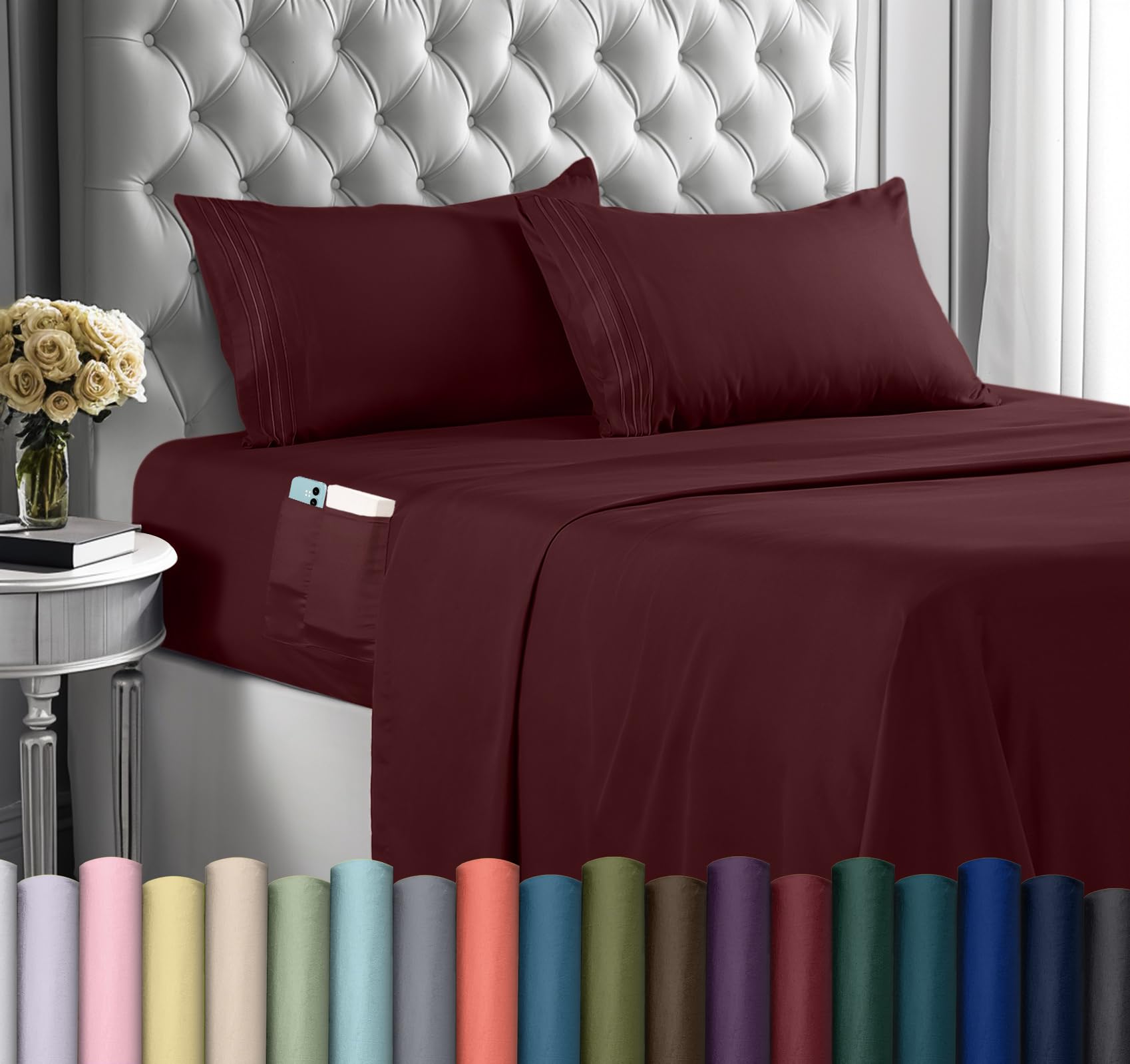 Utopia Bedding King Sheet Set, Soft Microfiber 4 Piece Hotel Luxury Bed Sheets for Women, Men, Kids & Teens with Side Storage Deep Pocket Fitted Sheet- Embroidered Pillow Cases - Flat Sheet (Burgundy)