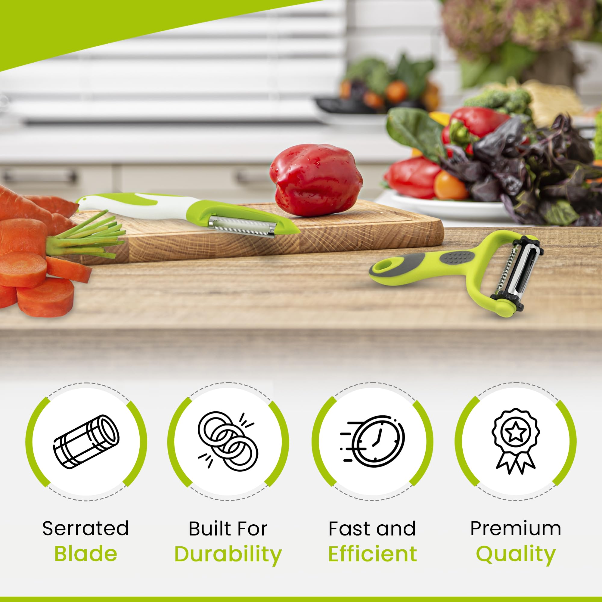 Pelador de verduras giratorio 3 en 1 con hoja de acero inoxidable, pelador vertical dentado y recto para papa, zanahoria, manzana, juego de 3 piezas, mango ergonómico antideslizante, hoja 5