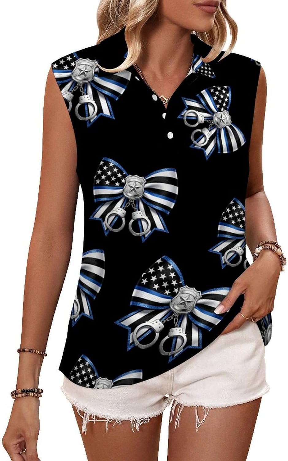 Blue Line Police Bow Womens Sleeveless V Neck Golf Polo Shirts | Collared Tank Tops
