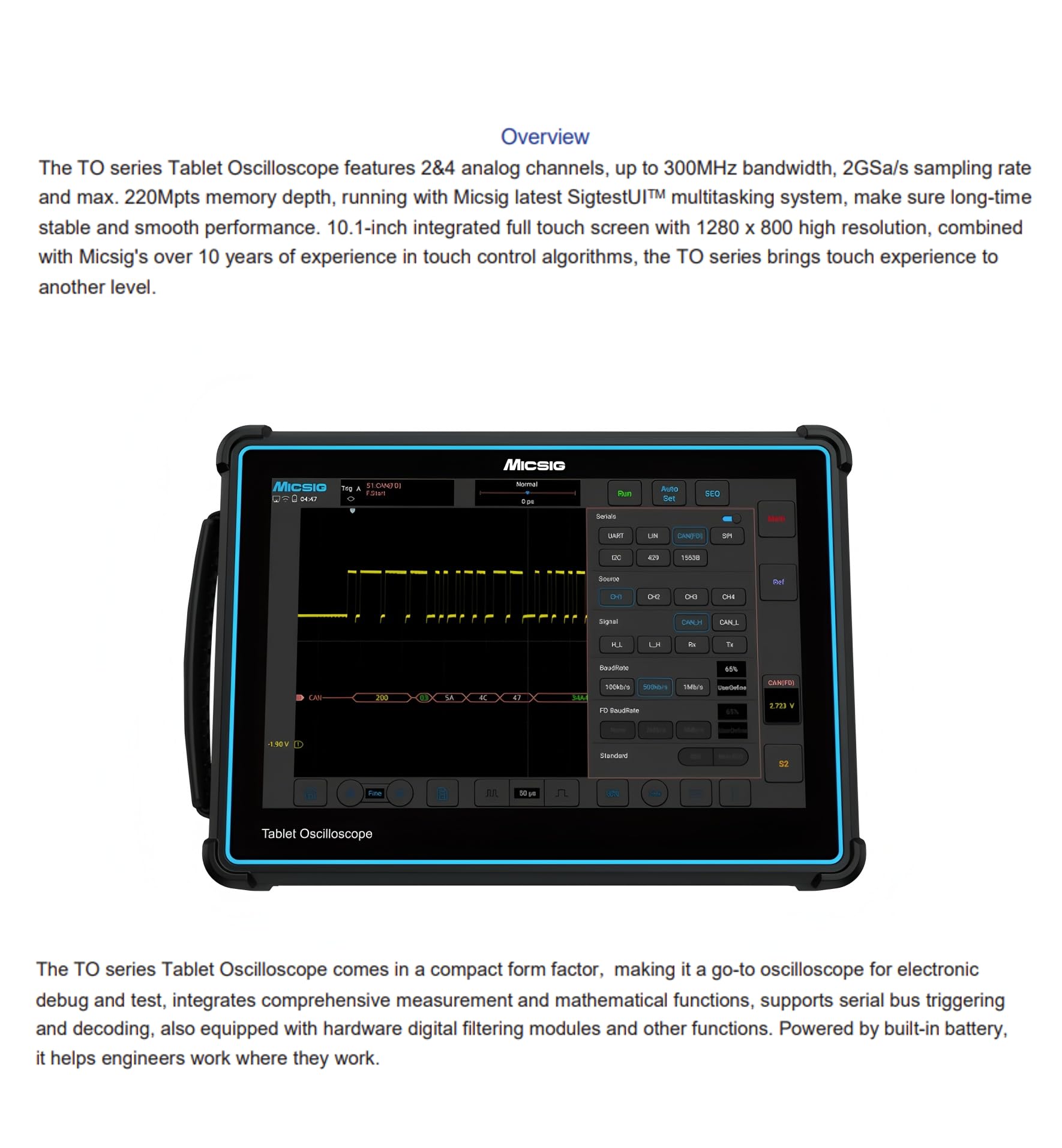Oscilloscope tabletta Micsig Banda passante 200MHz Frequenza di campionamento 2GSa/s Profondità di memoria 220Mpts Canali analogici 2 (TO2002-Standard)
