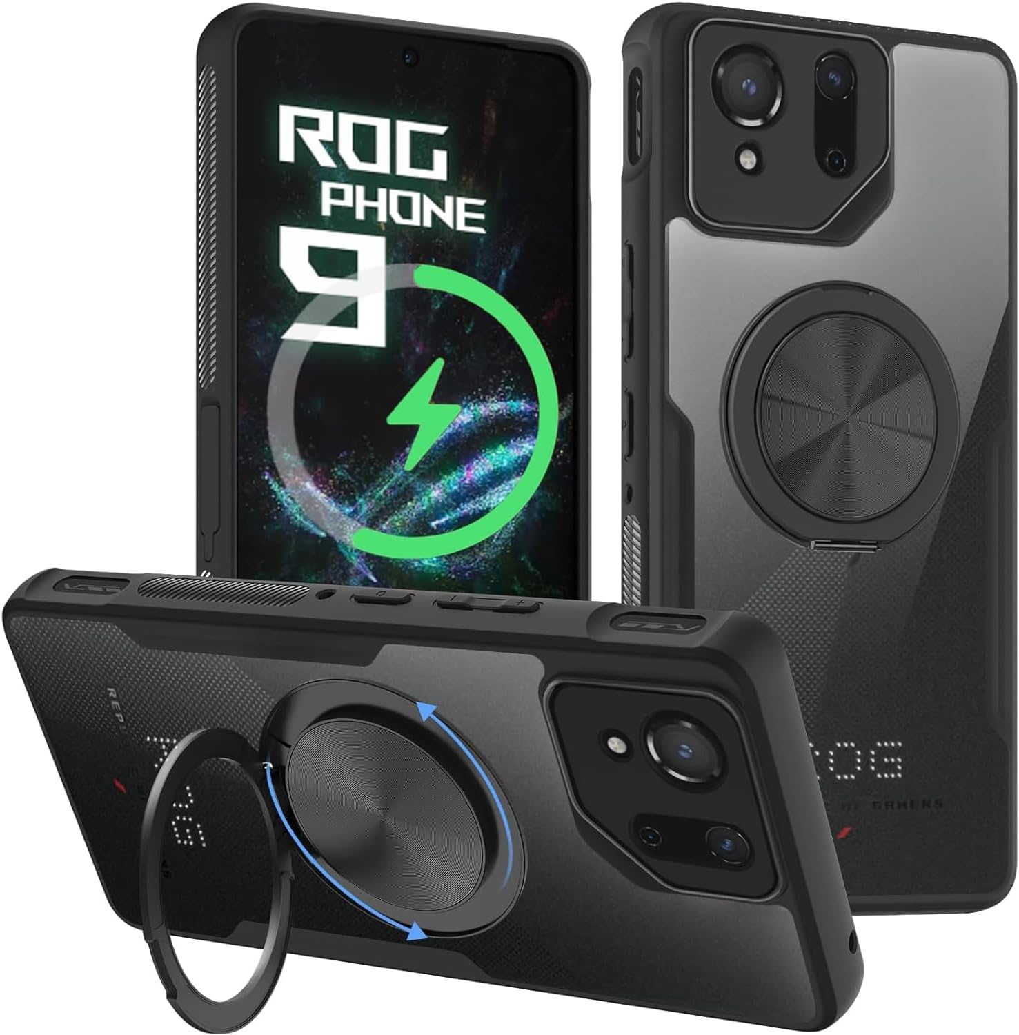 HikerClub for ROG Phone 9 and 9 Pro (2024) Case with 360 Degree Rotating Support, Transparent PC Back and TPU Silicone Black Slim Thin Soft Edges Shockproof Anti-Slip Bumper Protective Cover
