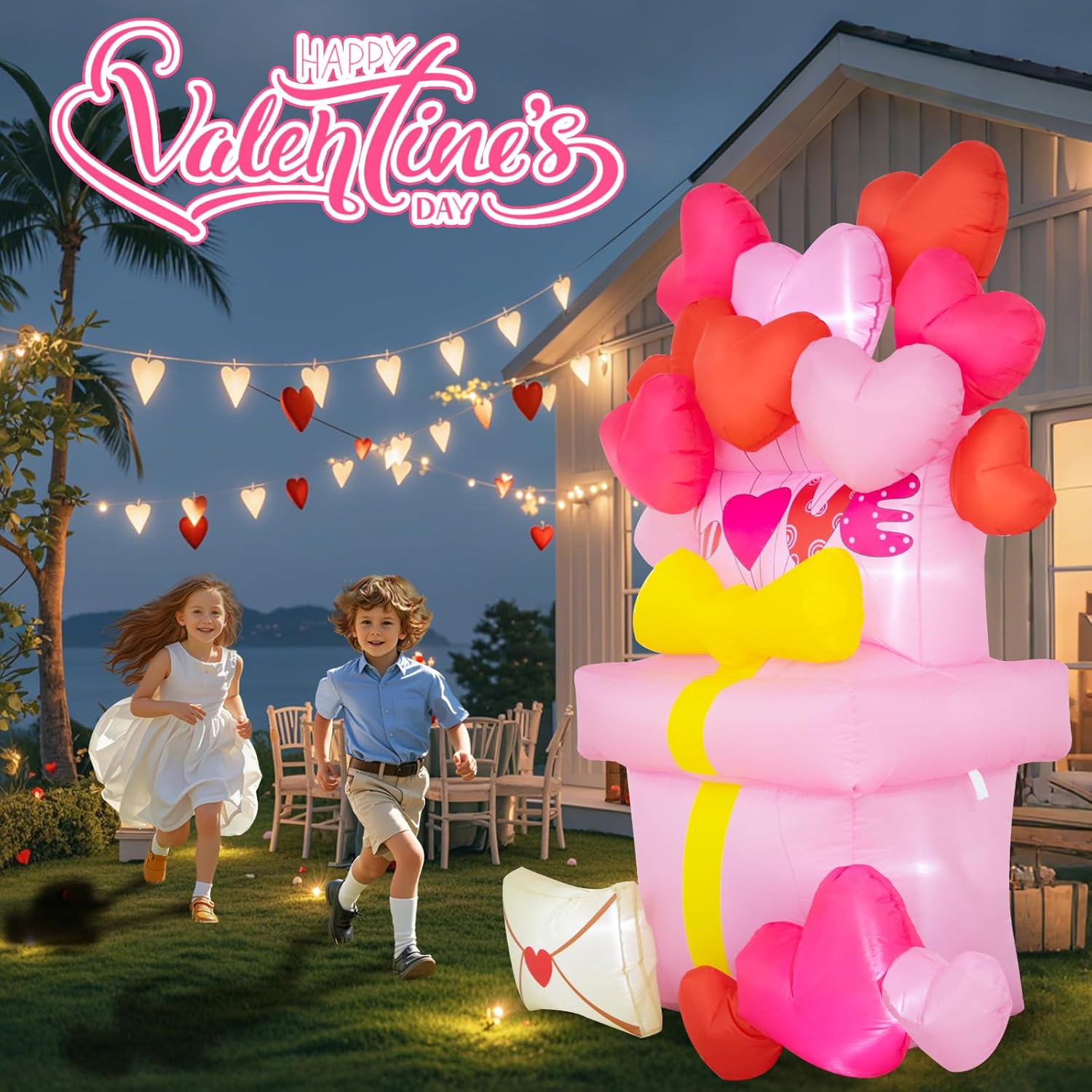 Valentines Day Inflatables Outdoor Decorations 5FT Love Valentine Gift Box Blow Up Yard Decorations Heart Balloons Spring Inflatable Built-in LED Lights Outside Holiday Party Garden Lawn Decor