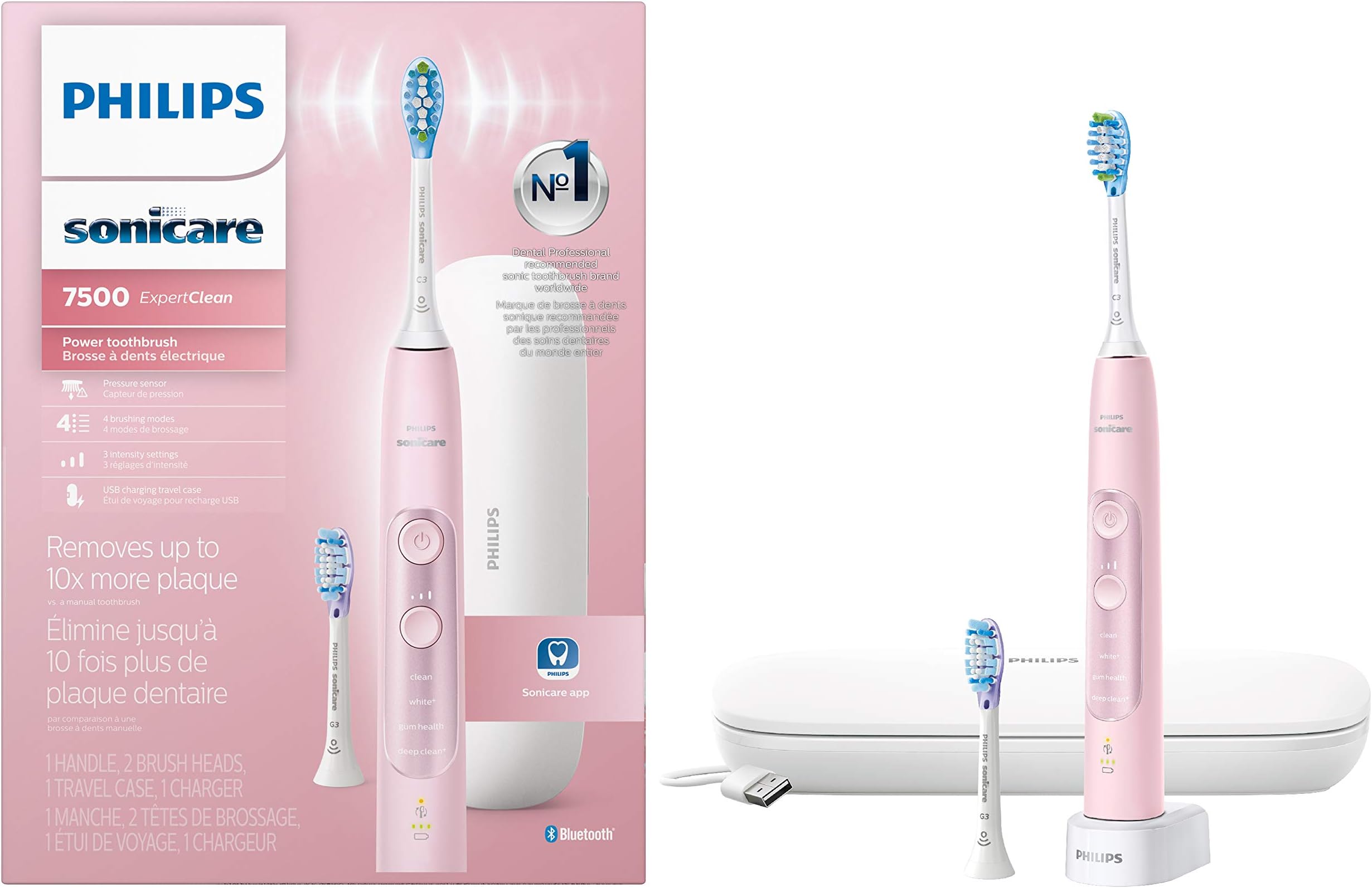 Sonicare Philips ExpertClean 7500, Rechargeable Electric Power Toothbrush, Pink, HX9690/07