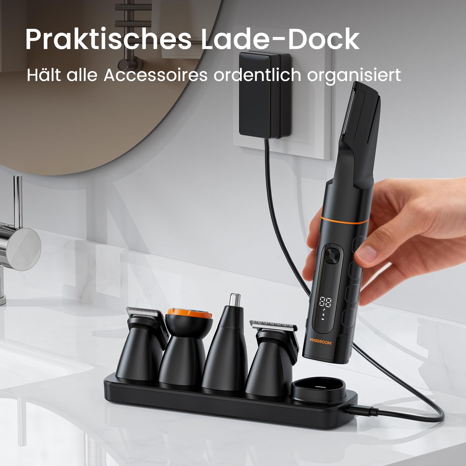 5-IN-1 Intimrasierer Mann, MAXGROOM Körperrasierer Herren mit Ladestation, IPX6 Wasserdicht Rasierer Herren Elektrisch für Intimbereich, Körper, Bart, Achseln, Hoden und Leisten, 120 Min Akkulaufzeit