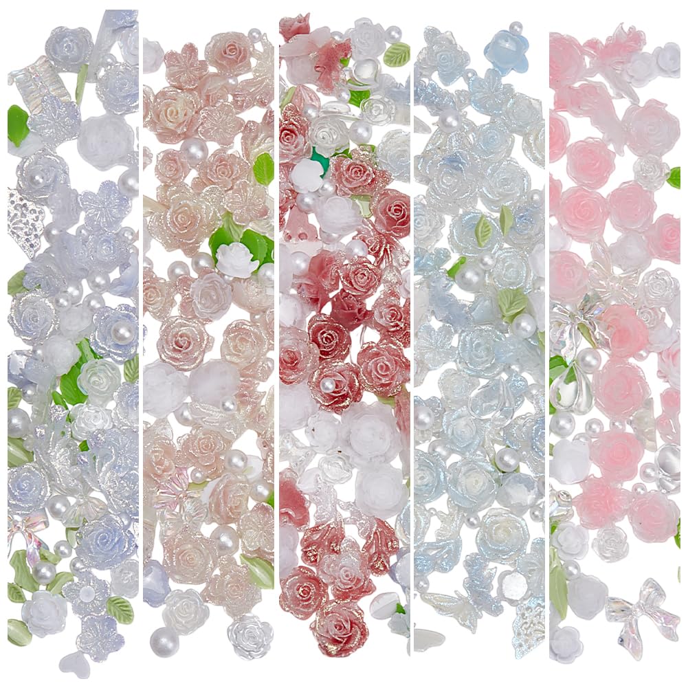 arricraft 250 pcs Décoration de Cabochons pour Ongles en Forme de Rose 5 Styles Fleur Résine Cabochons Remplisseurs Dos Plat Nail Art Décoration pour Femmes DIY Téléphone Mariage Décor Nail Art