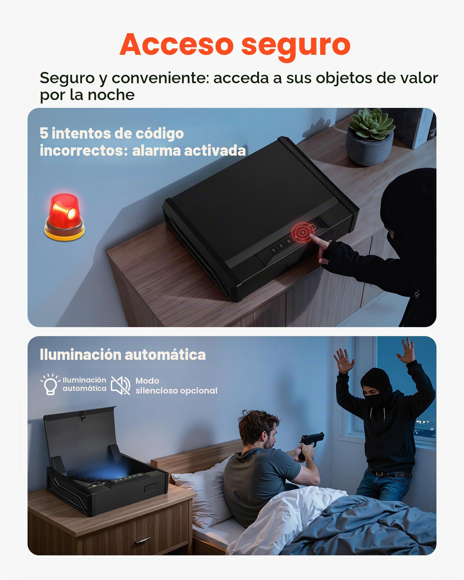 VEVOR Caja Fuerte para Pistolas de Acero, con 3 Formas de Acceso por Huella Dactilares, Contraseña y Llave, Caja Fuerte para Armas con Iluminación, Capacidad de 2 Pistolas y 2 Cargadores, Negro