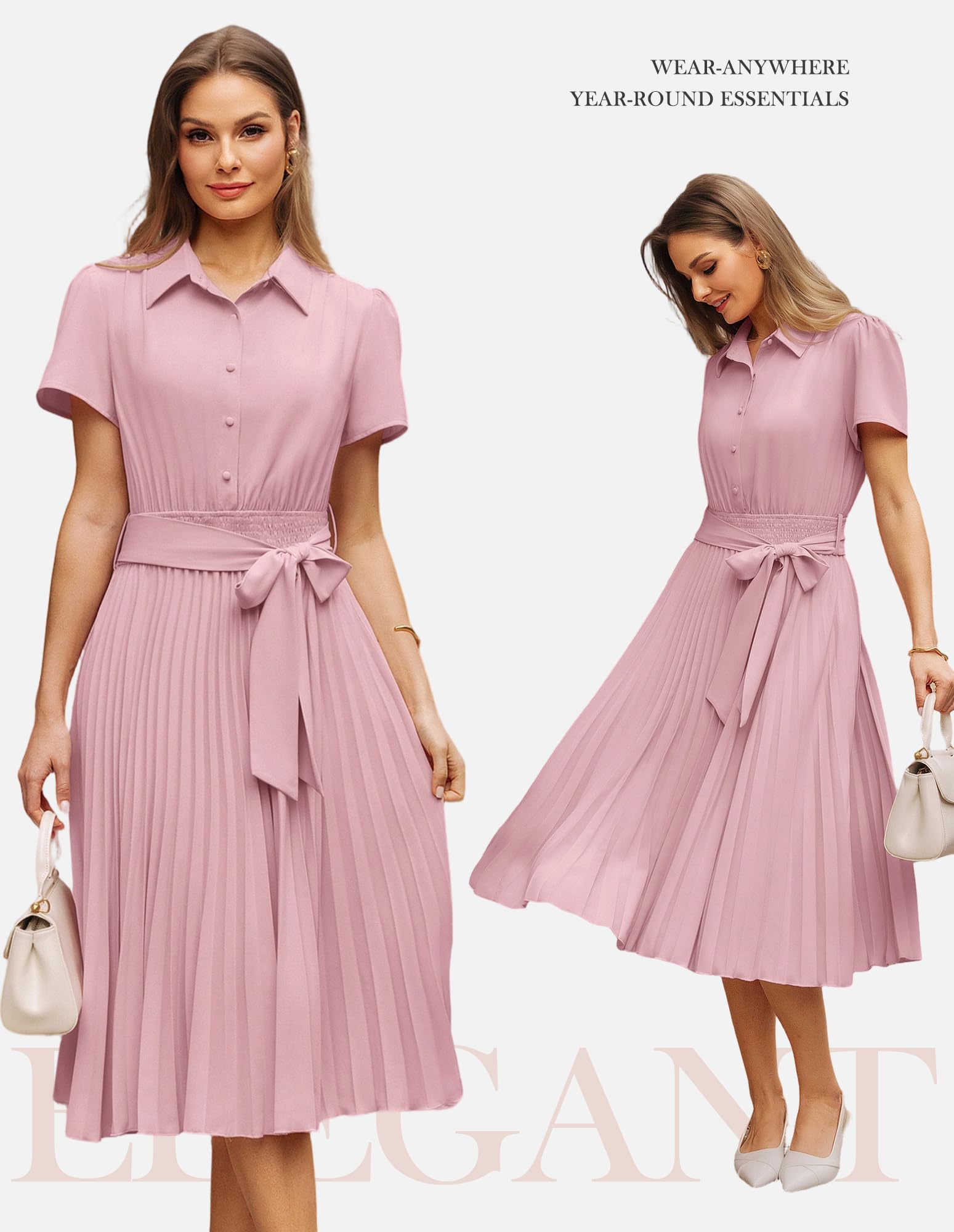 GRACE KARIN Vestido de verano para mujer, estilo casual, con cuello de camisa, manga corta y cinturón, vestido midi con fruncido