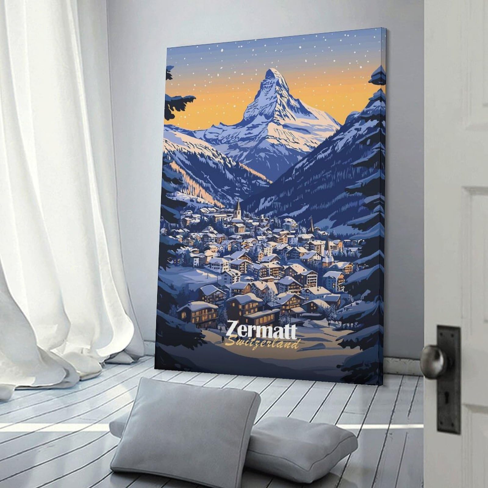 Junmoney Zermatt Switzerland Mountain Village Wall Art Print 12x18inch(30x45cm), for Lounge, Study, Hallway Or Flat Walls, Decorative Artwork with Broad Appeal
