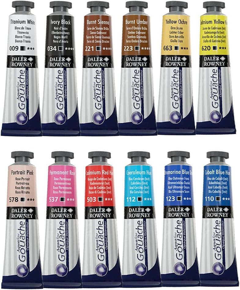 Daler-Rowney Aquafine Gouache Paint Introductory Set of 12 Colours x 15ml Tubes, Ideal for Beginner Artists & Students, Water-Based Paint for Canvas and Paper, Opaque Watercolours