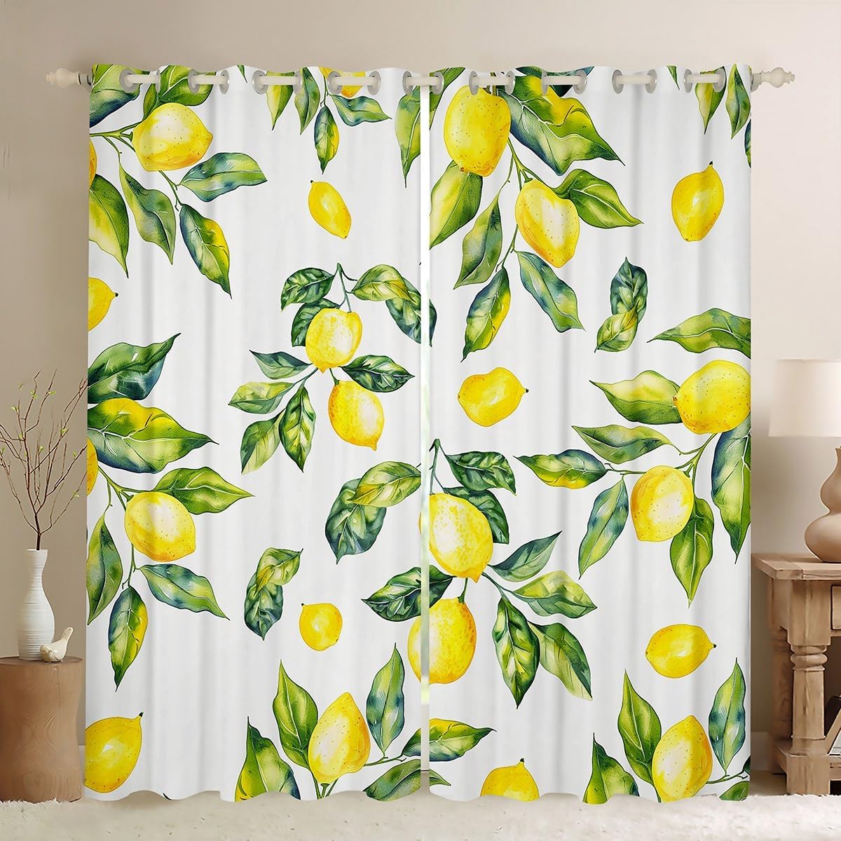 Feelyou Lemon Curtains for Bedroom Living Room Kids Botanical Lemon Pattern 30%-50% Blackout Curtainsative Tropical Fruit Darkening Dreapes Yellow Green Window Treatments (2 Panels, 42 x 63 Inch)