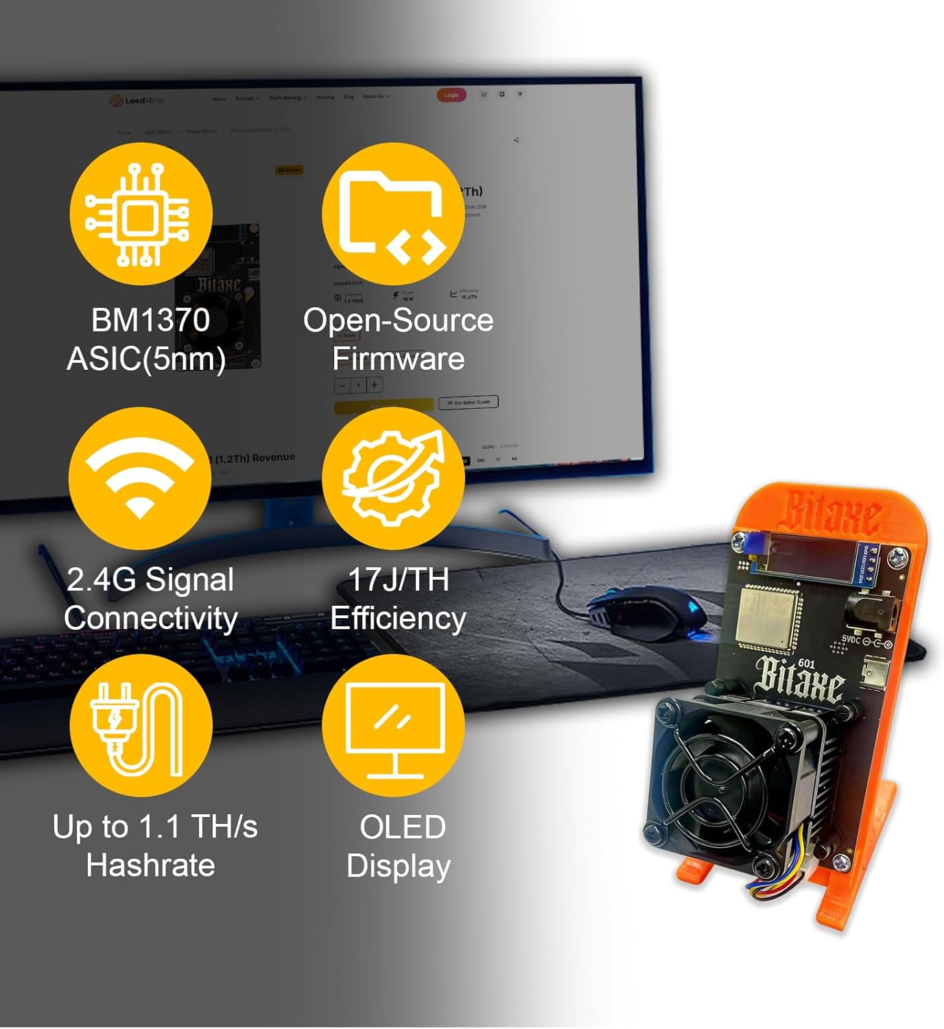 Bitcoins Miner, Bitaxe Gamma 601 Solo Miner,Hash Rate Up to 1.1TH/S BM1370 Asic Chip 19W/TH BTC Lottery Crypto Miner with Open-Source System,Plug & Play,Low Noice