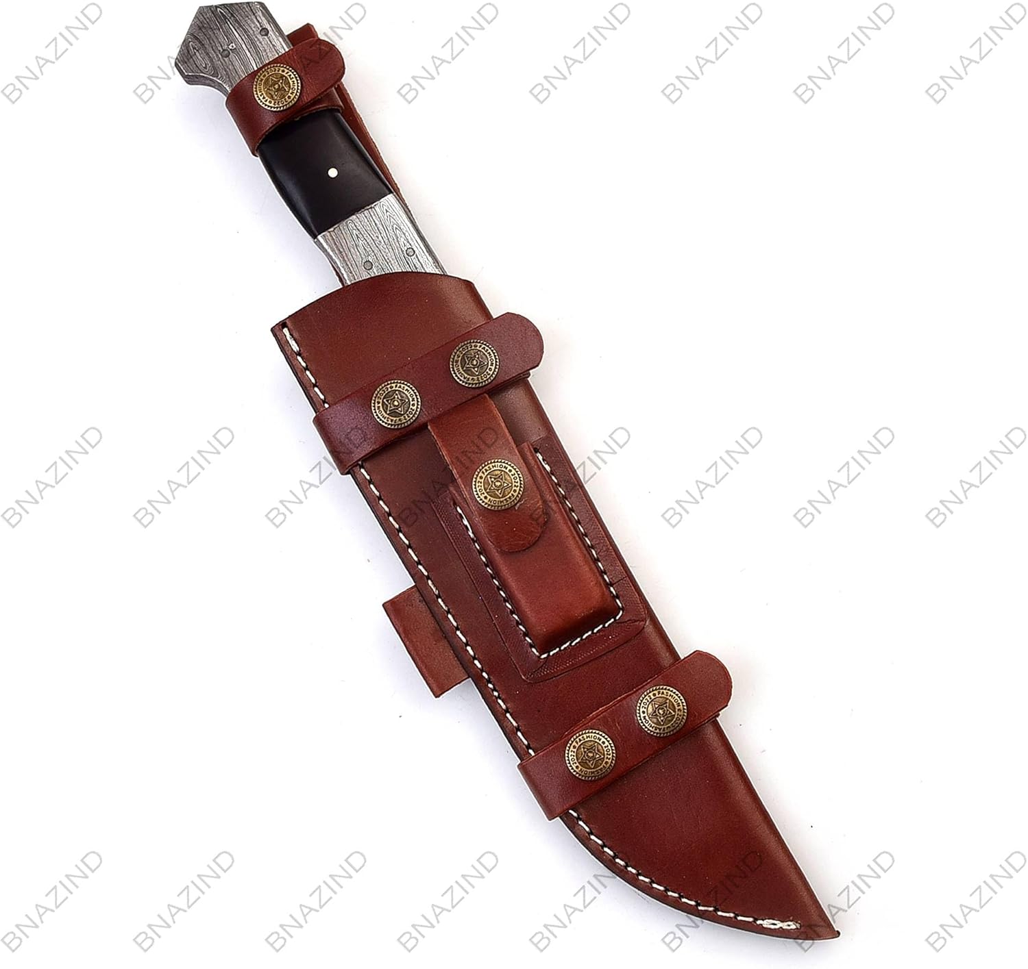 Handmade Damascus Hunting Knife with Scout Horizontal Carry Leather Sheath | Full Tang Fixed Blade Bushcraft, Camping, Skinning Knife | EDC Overall 13.5" Bowie Knife with sheath