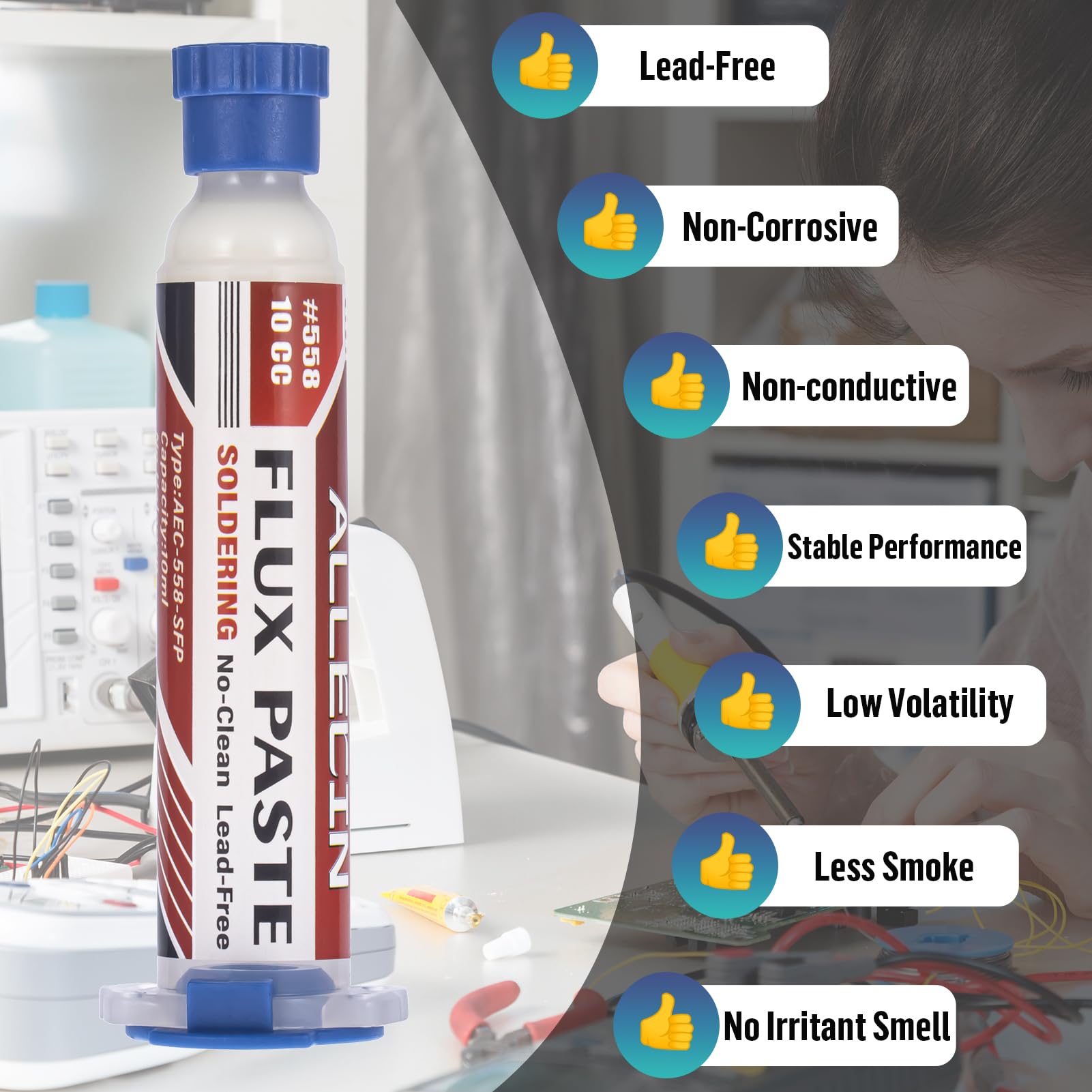 5 Pezzi 10mL Flussanti per Saldatura Senza Piombo 10CC Solder Flux Paste No Clean Flussante Flusso per Pasta Saldante alla Colofonia AEC-558 con Asta di Spinta e Ago per PCB SMD BGA