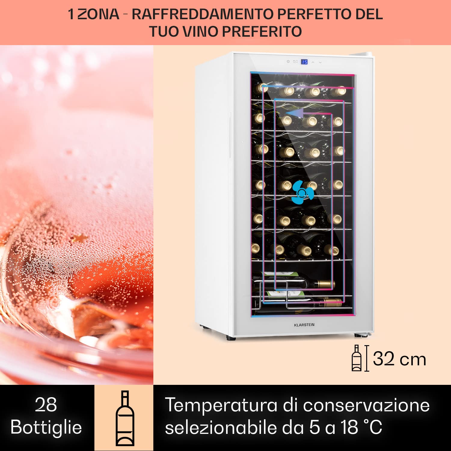 KLARSTEIN Cantinetta Vino Design, Cantinetta Vino Refrigerata a Zona Singola per Vino Rosso, Bianco e Birra, Controlli Touch, Frigo Vino Cantinetta per Esterno/Interno, 5-18°C, 74L, 28 Bottiglie