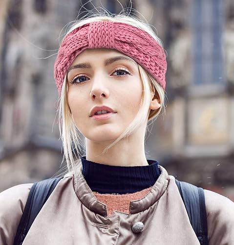 Vista 4 de Chalier 4 diademas cálidas de invierno para mujer, turbante de ganchillo con cable, diadema para calentar las orejas, regalos, A-negro