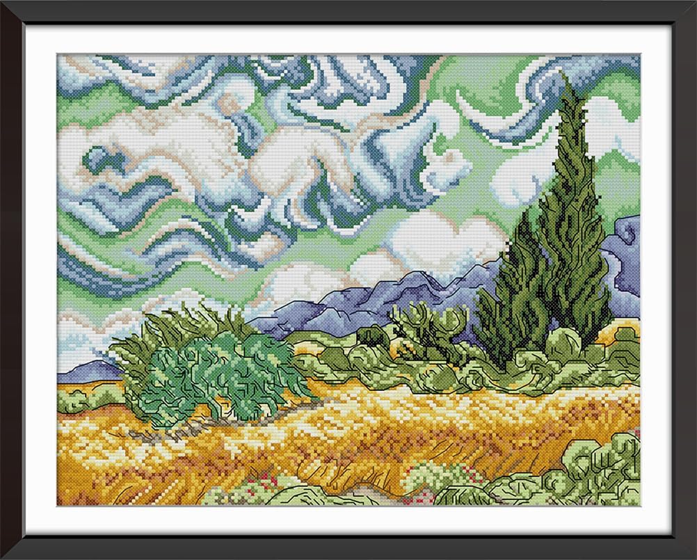 Meecaa Cross Stitch Kits 14 Count Stamped, Cypress Wheat Field Clouds Embroidery Kit with Accessories Pre Printed (40×32CM) (Cypress Tree)
