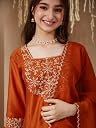 Curly Tales Girls Silk Floral Embroidered Regular Fit Round Neck Kurta Palazzo Dupatta Set Ethnic Wear for Kids Orange gallery image