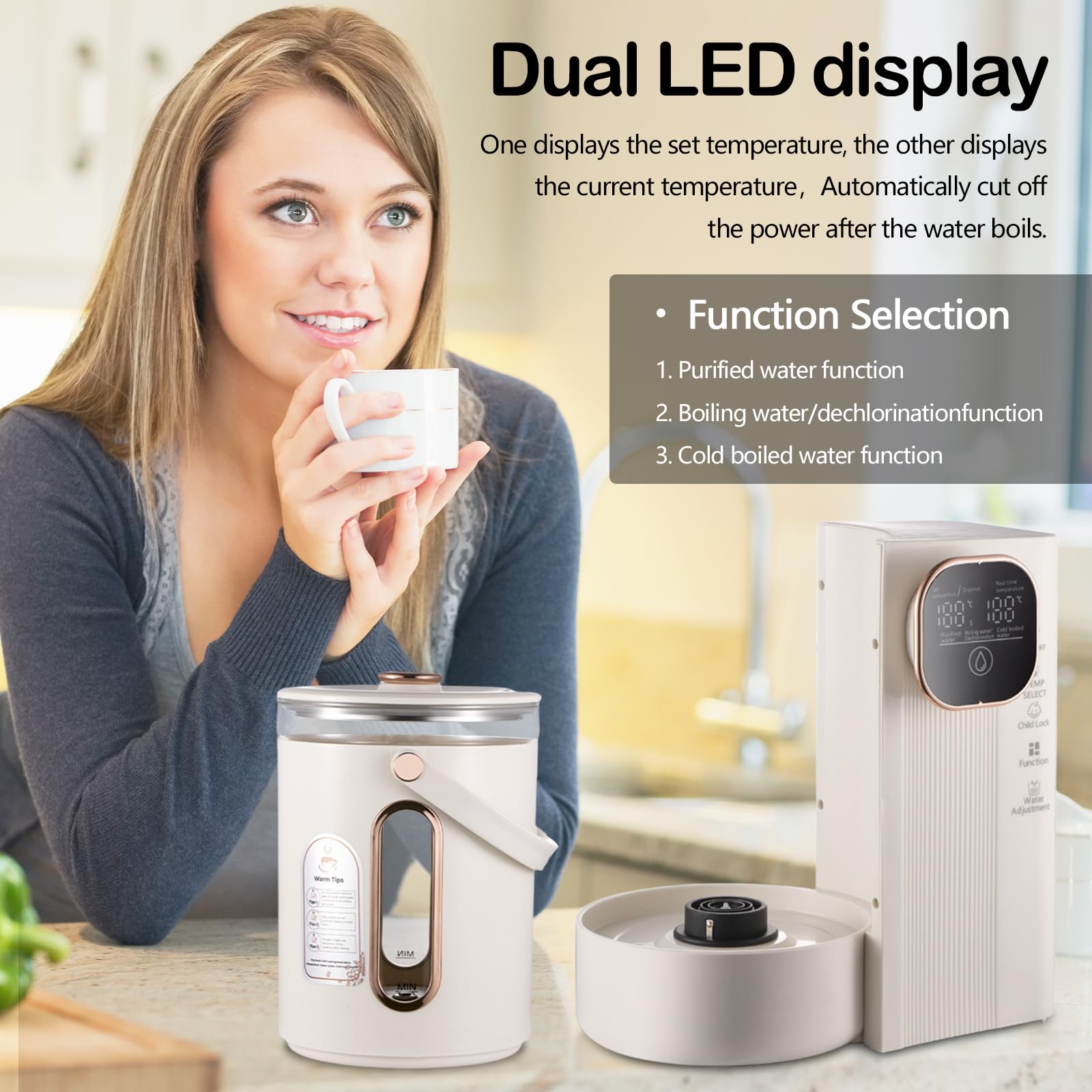 Dispensador de Agua Caliente, Enfriador de Agua con Control de Temperatura Dispensador Agua Electrico de Acero Inoxidable de 3L 800W con llave de Bloqueo para Hogar Oficina y Autocaravana
