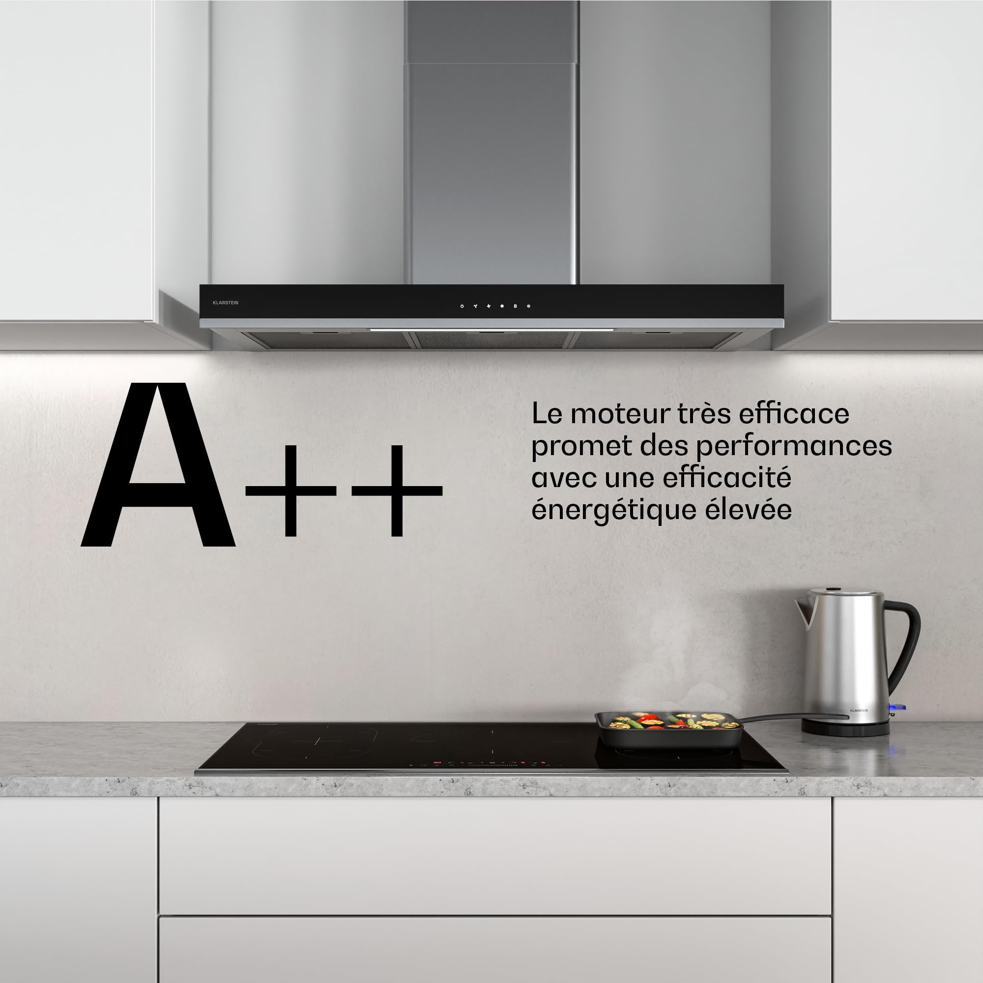 Klarstein Verosteel Hotte Aspirante 90 cm - Hotte Murale, 881,6 m³/h, A++, Commandes Tactiles, LED, Inox & Verre, 3 Vitesses + Boost, Filtre Charbon, Hotte Cuisine Silencieuse