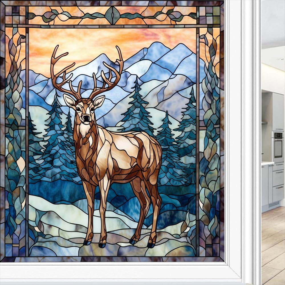 Winter Deer Window Privacy Film Abstract Forest Animal Snowy Landscape Stained Glass Window Film Decorative Frosted Windows Sticker for Home Window&Glass Door, Sun Blocking 35.4Wx63L inch