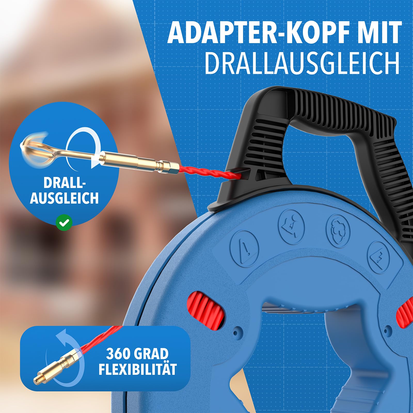Einziehspirale 30 m – Fiberglas Kabeleinziehhilfe mit Kupferkopf & 5 Zubehörteilen – Kabel Einzugshilfe für Leerrohr, Elektro & Glasfaser – Zugdraht Orange, Griff Schwarz (30)
