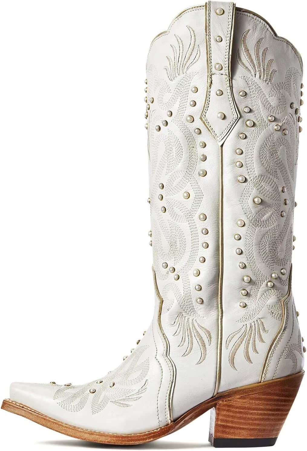Agodor White Cowboy Boots For Women Pearl Cowgirl Ladies Knee High Boots with Classic Embroidery Pointed Toe Chunky Heel Pull On Fashion Dress Wedding Western Booties US6.5 - Image 4