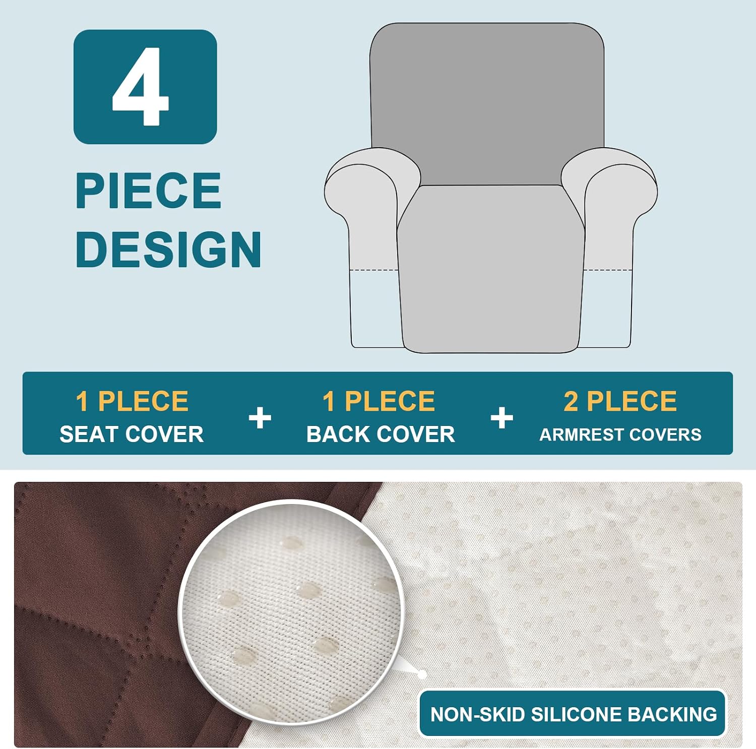 Waterproof Quilted Velvet Recliner Slipcover - 4-Piece Pet Proof Sofa Cover for Living Room, Stretchable & Non-Slip Furniture Protector with Elastic Straps (Brown, Large-28'')