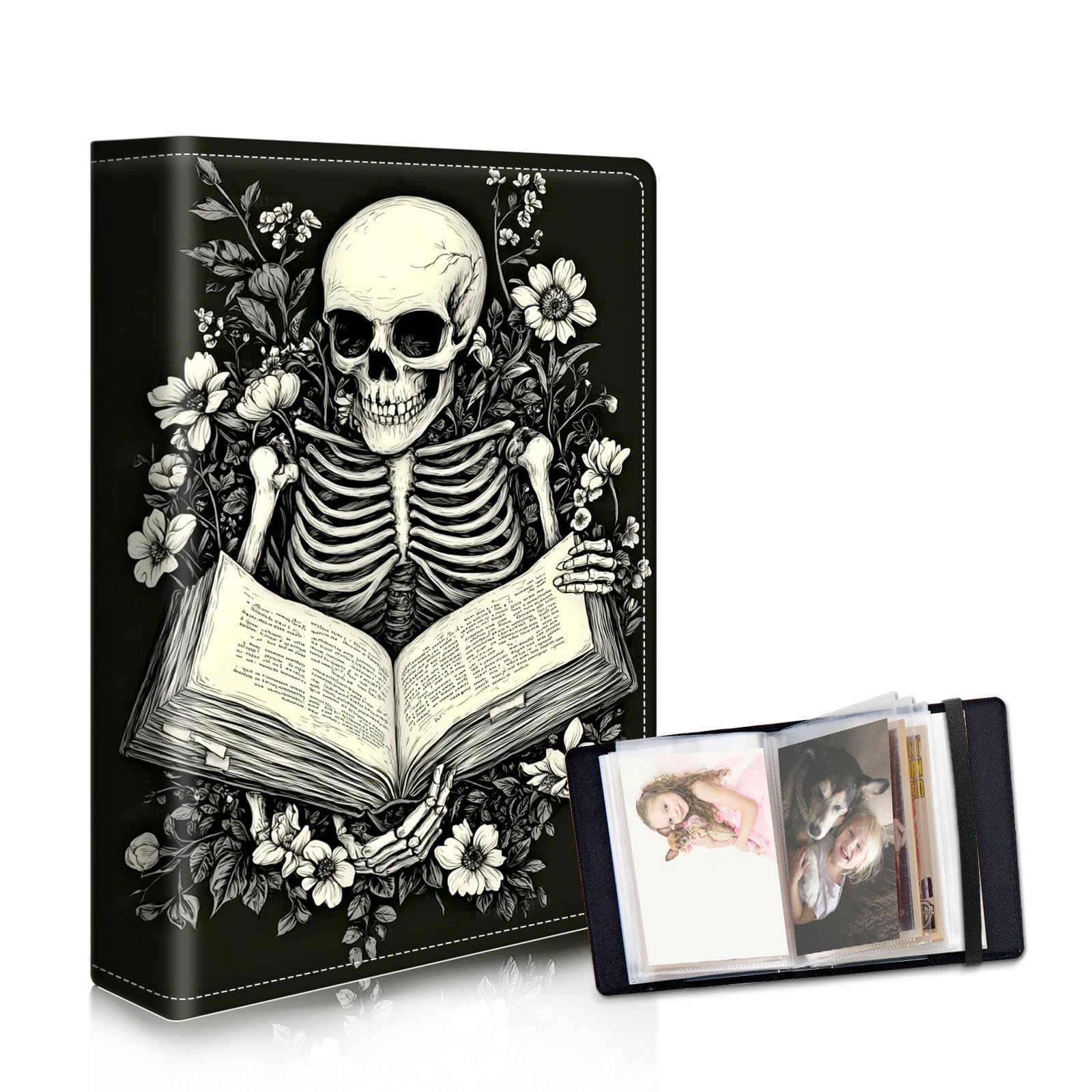 DISUOFEART Photo Albums 4x6 Pictures, Large Capacity Leather Cover Photo Book with Clear Pockets, Skeleton Reading Book Family Picture Album for Wedding Anniversary Baby Travel
