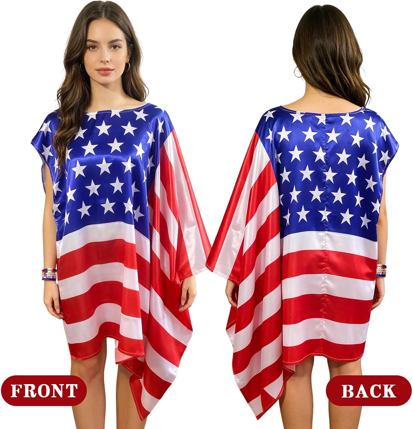 4th of July American Flag Dress for Women, Stars and Stripes Patriotic Outfit with Glasses and Bracelet