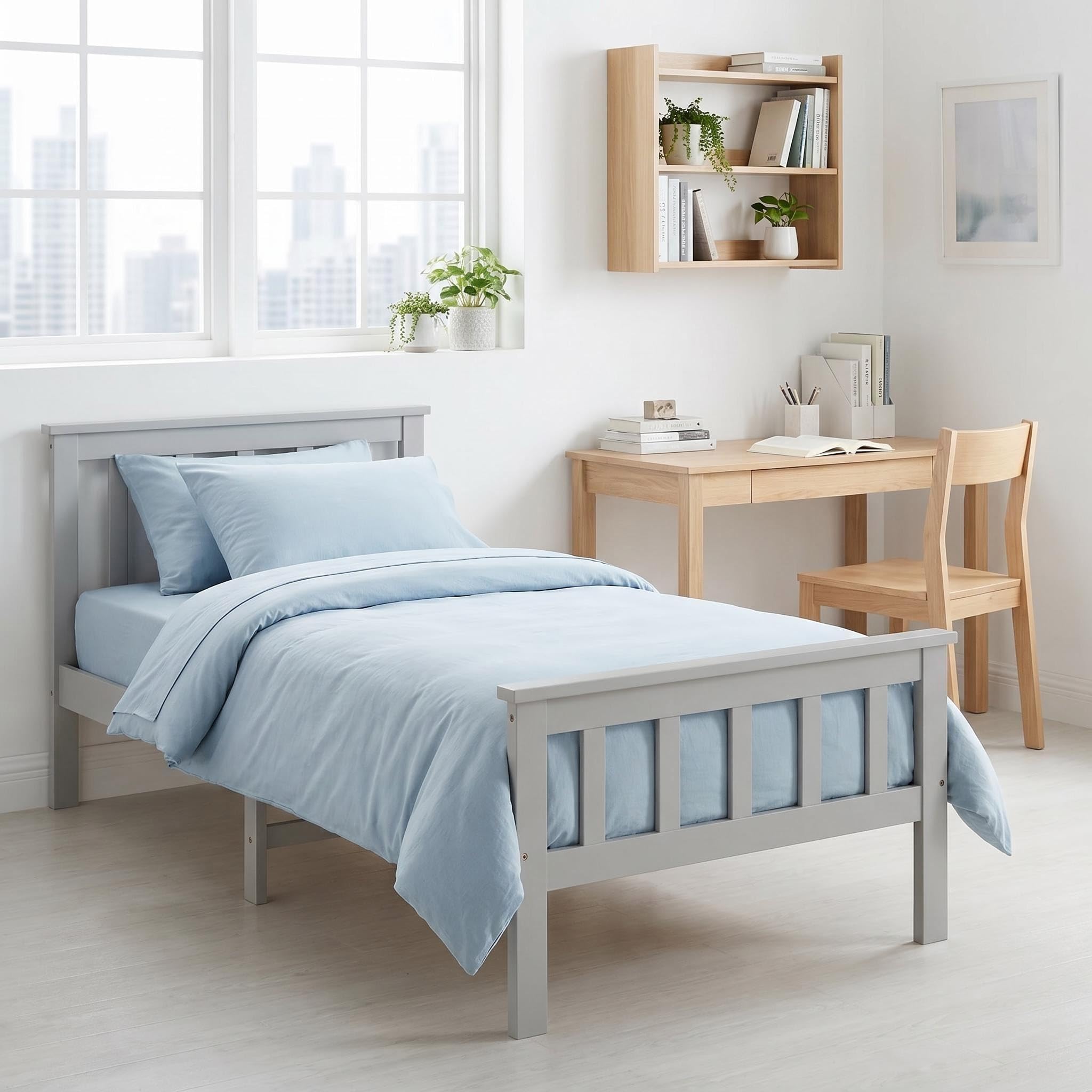 Panana New Single Bed Frame 3FT White Solid Pine Wood Bed for Adults, Kids, Teenagers (Grey)