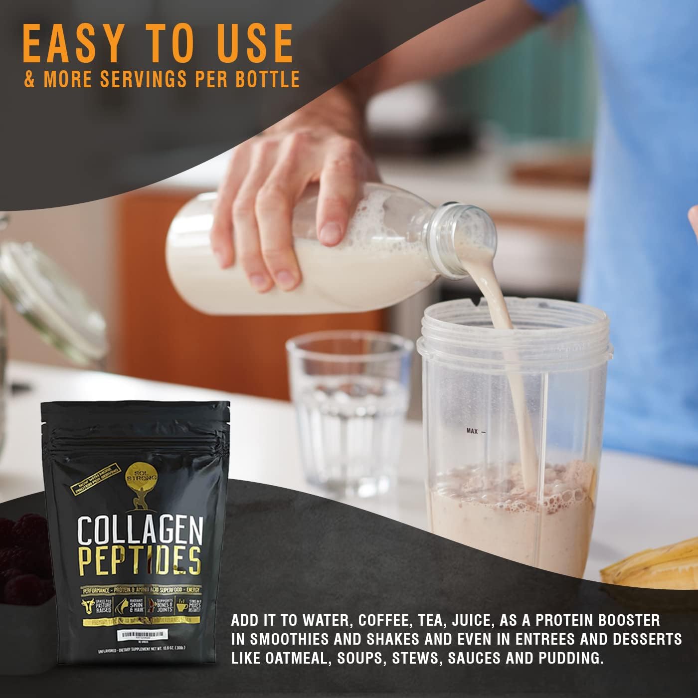 SOL STRONG Collagen Peptides Protein Powder Collagen Powder Pasture-Raised, Non-GMO & Grass-Fed Hydrolyzed Collagen Peptides, Gluten-Free Certified Paleo & Keto Friendly