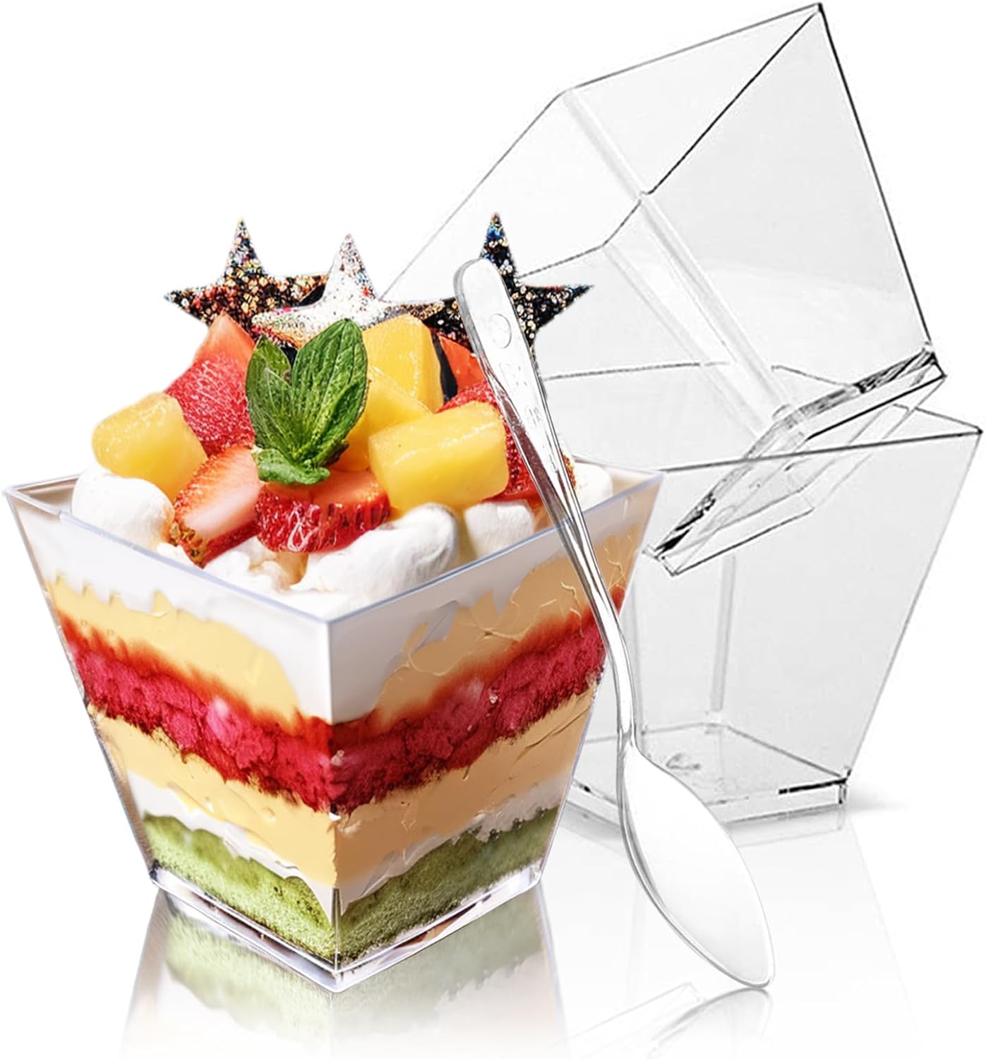 Plastic Dert Cups with Spoons, Mini Square Parfait Appetizer
